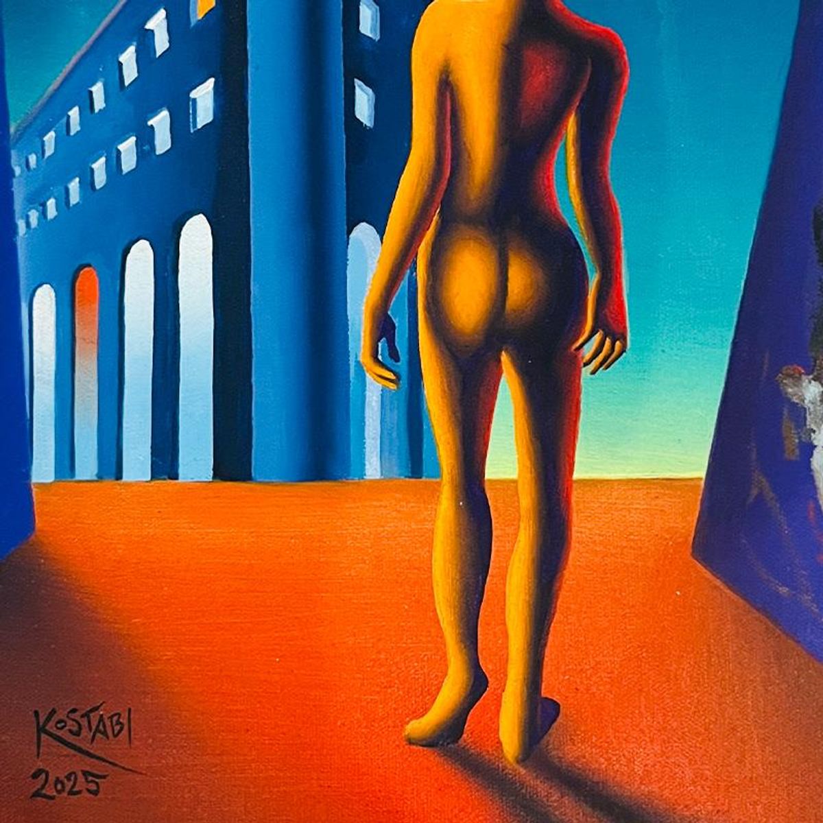 Mark Kostabi, "Looming Towards the Horizon of the Infinite" Framed Original Oil Painting on Canvas, Hand Signed with a Certificate of Authenticity.