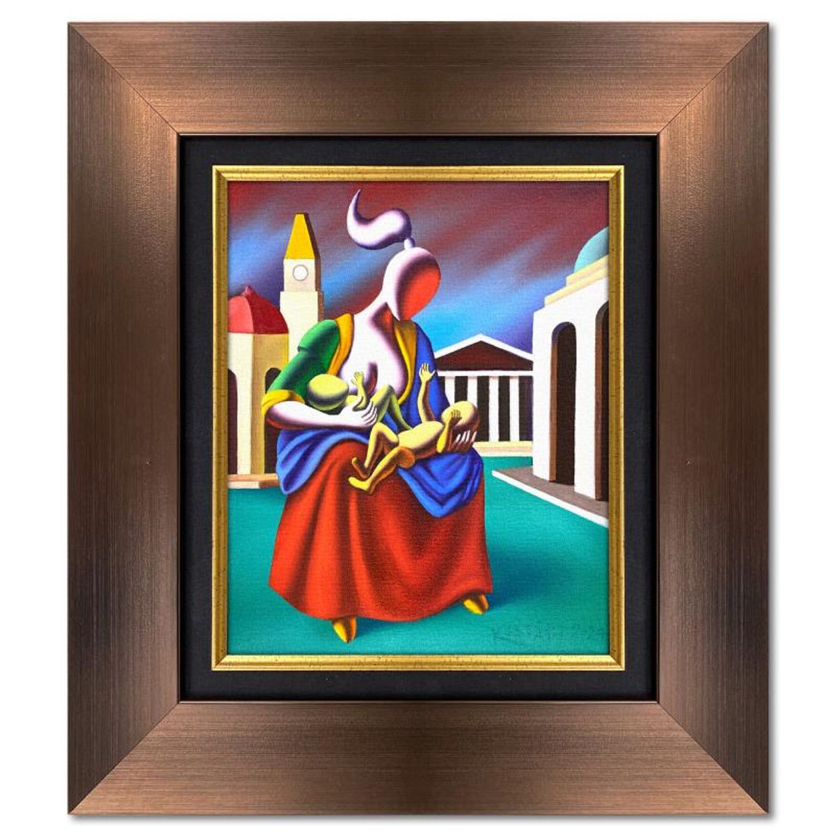 Mark Kostabi, "Timeless Bond" Framed Original Oil Painting on Canvas, Hand Signed with Letter of Authenticity.