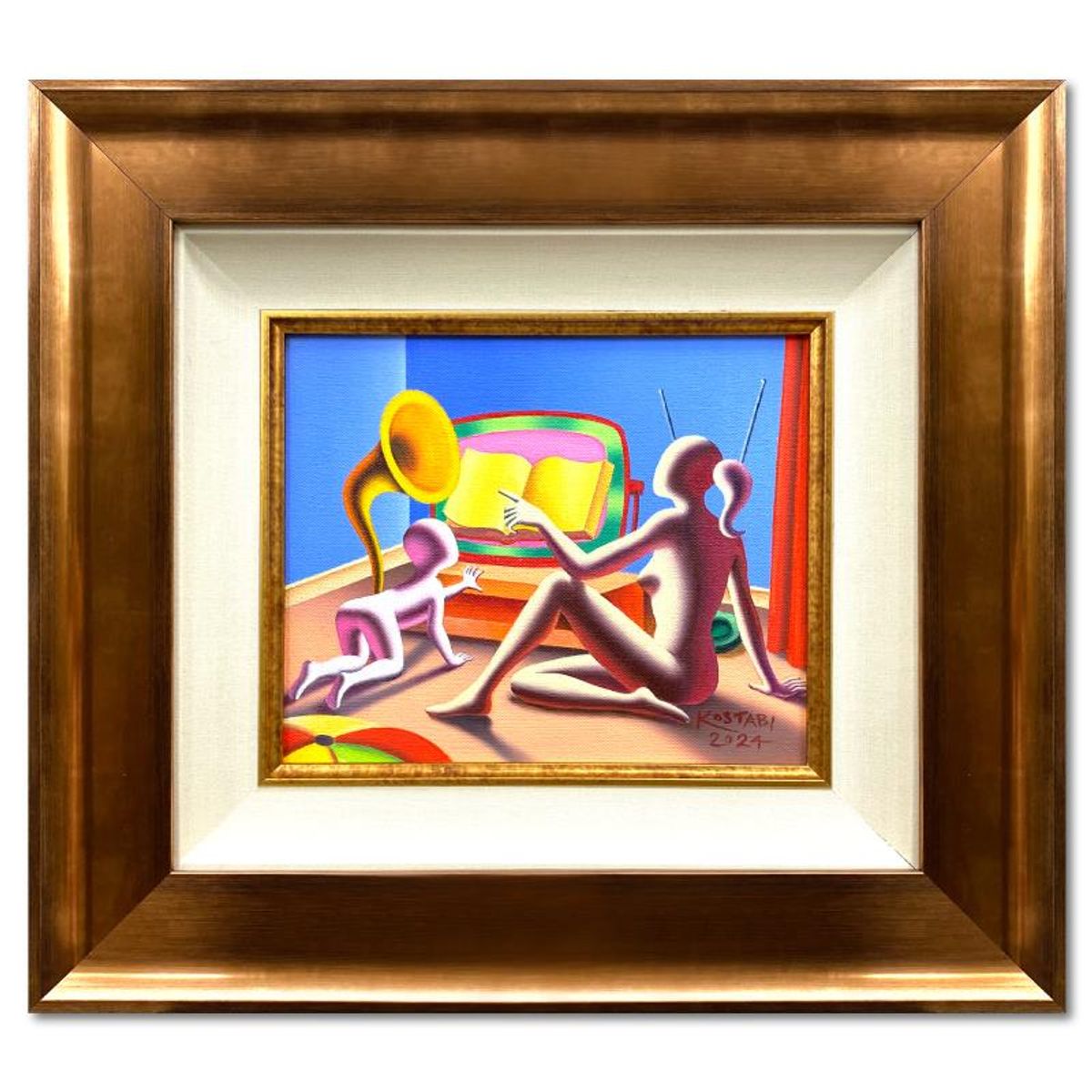 Mark Kostabi, "The Sound of Wisdom" Framed Original Oil Painting on Canvas, Hand Signed with Letter of Authenticity.