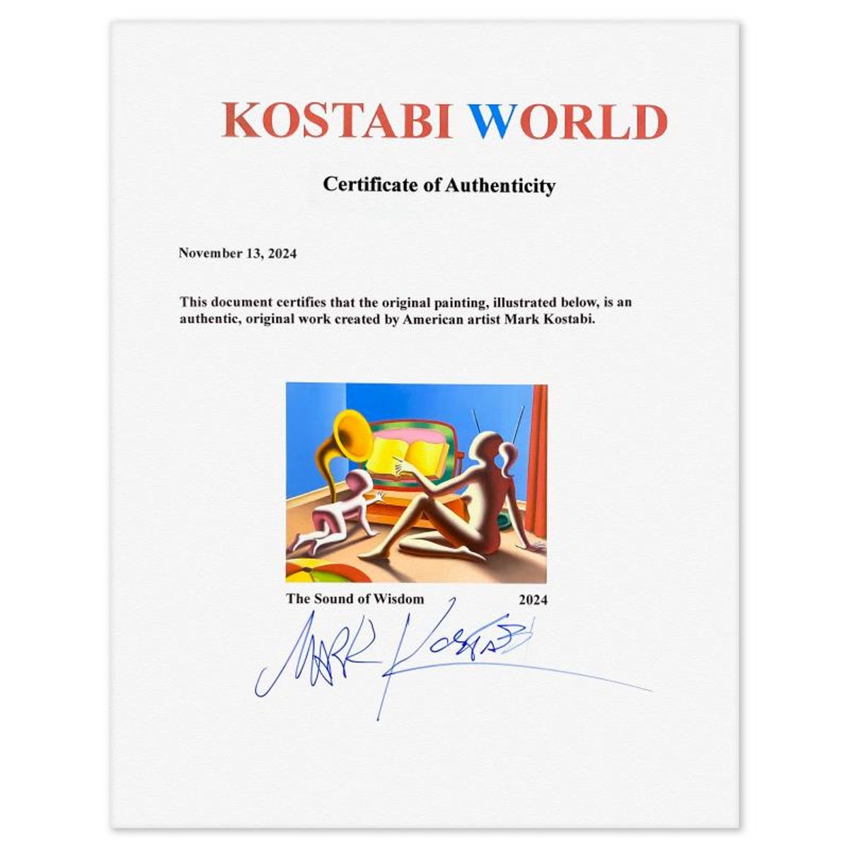 Mark Kostabi, "The Sound of Wisdom" Framed Original Oil Painting on Canvas, Hand Signed with Letter of Authenticity.