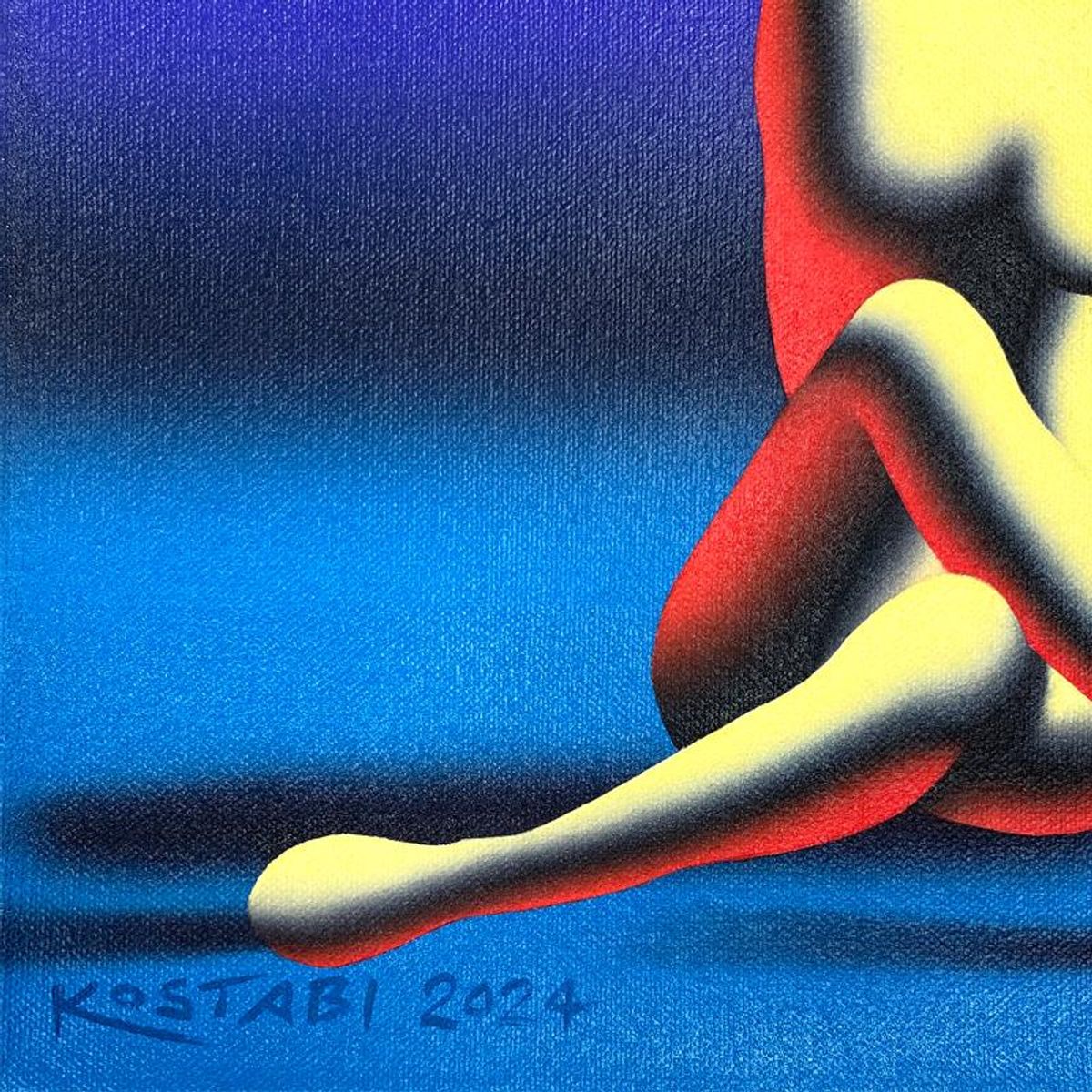 Mark Kostabi, "The Dawn of Ecstacy" Framed Original Oil Painting on Canvas, Hand Signed with a Certificate of Authenticity.
