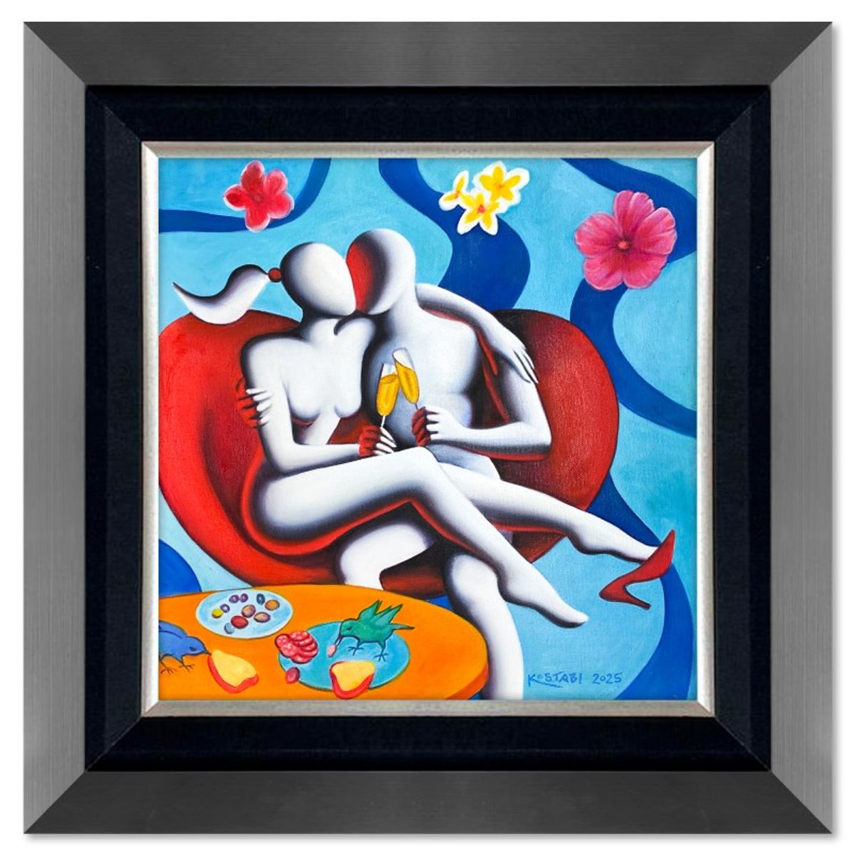 Mark Kostabi, "Lovebirds Revisited" Framed Original Oil Painting on Canvas, Hand Signed with COA
