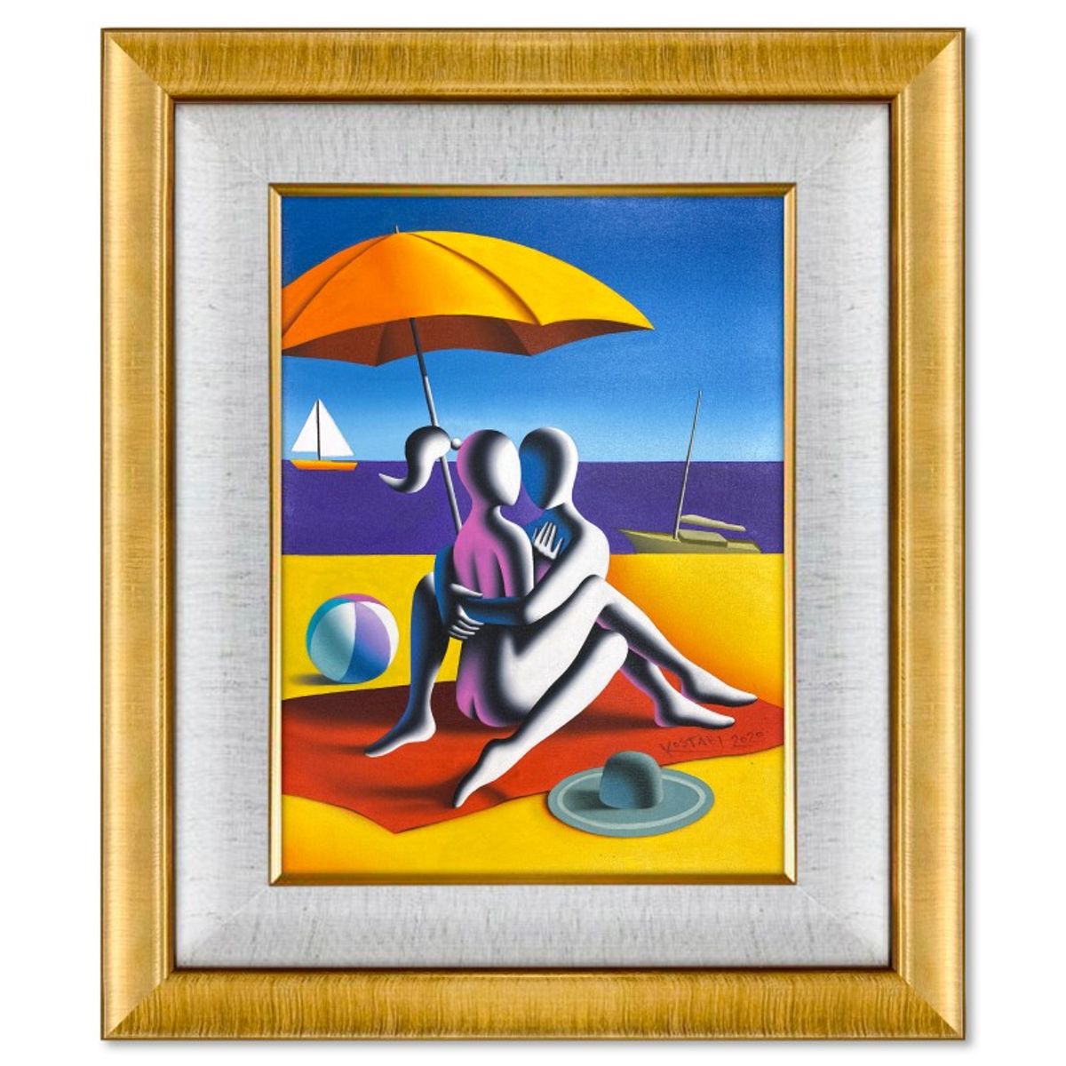 Mark Kostabi, "Tell Me a Secret" Framed Original Oil Painting on Canvas, Hand Signed with COA