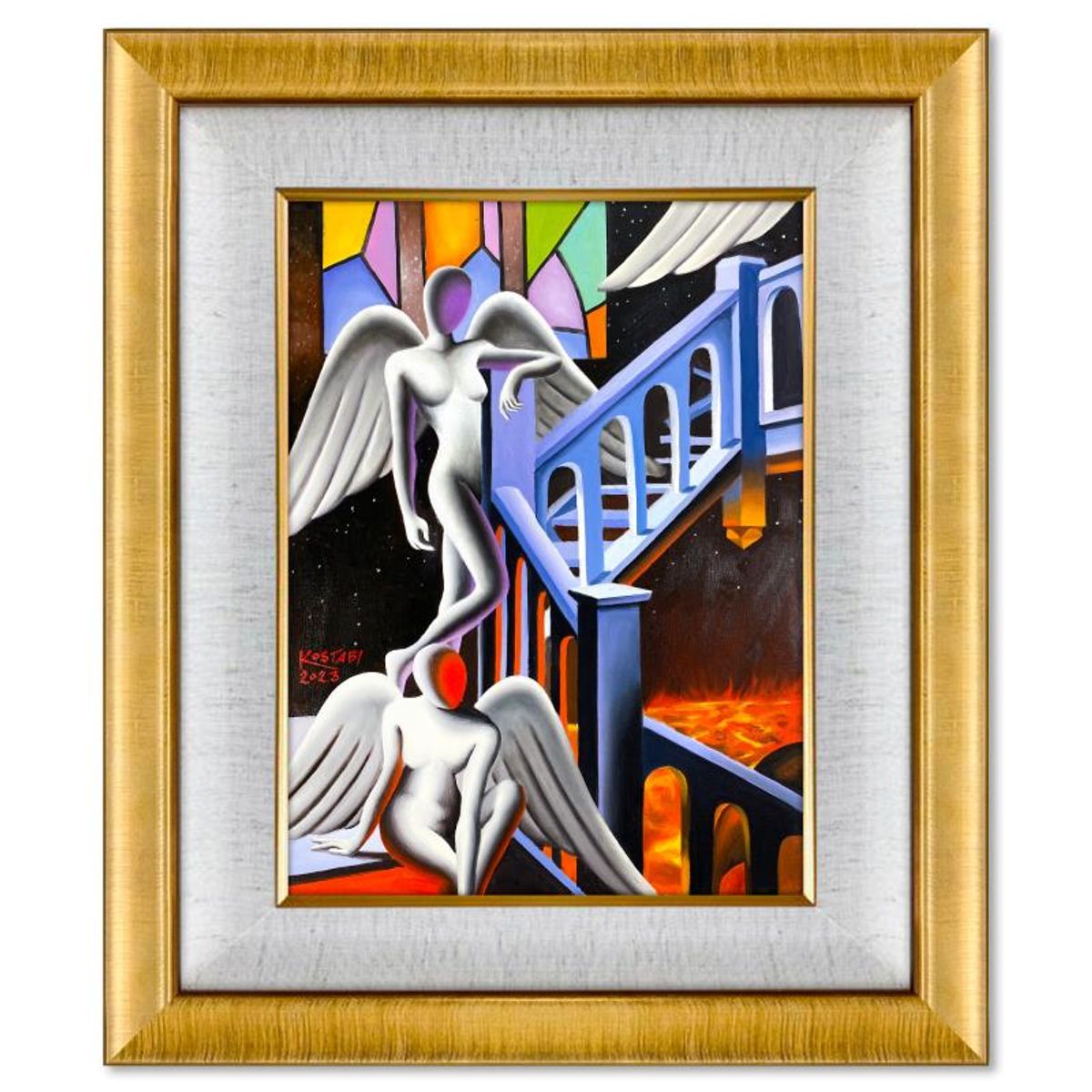 Mark Kostabi, "Spiritual Transition" Framed Original Oil Painting on Canvas, Hand Signed with COA