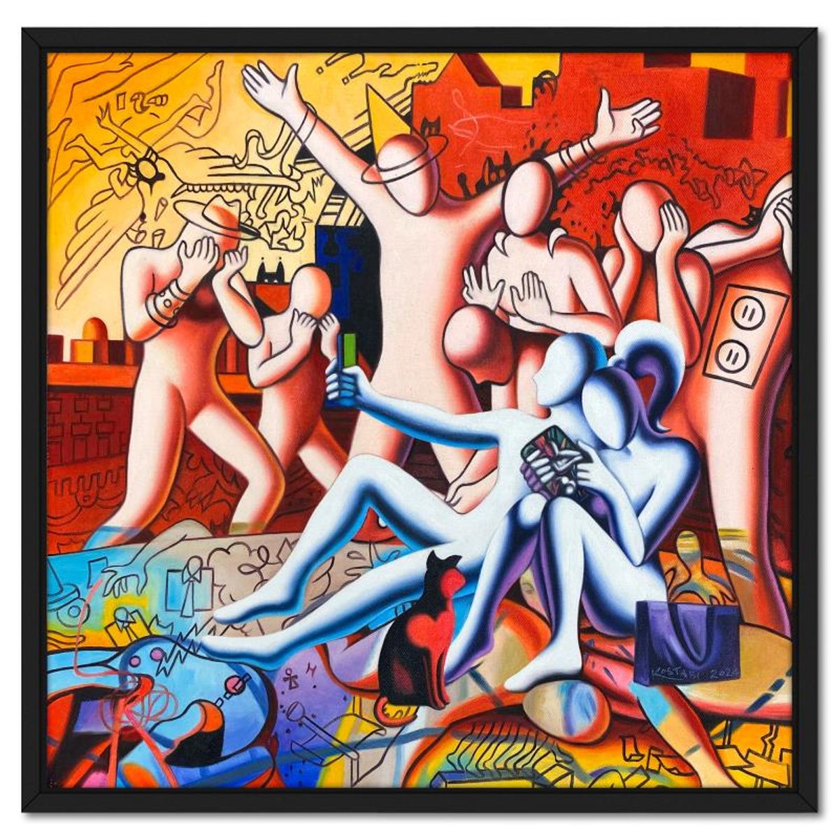 Mark Kostabi, "Reactions and Reflections" Framed Original Oil Painting on Canvas, Hand Signed with a Certificate of Authenticity.