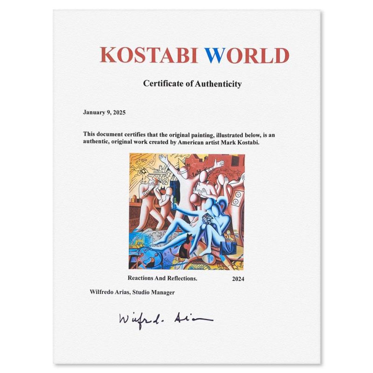 Mark Kostabi, "Reactions and Reflections" Framed Original Oil Painting on Canvas, Hand Signed with a Certificate of Authenticity.