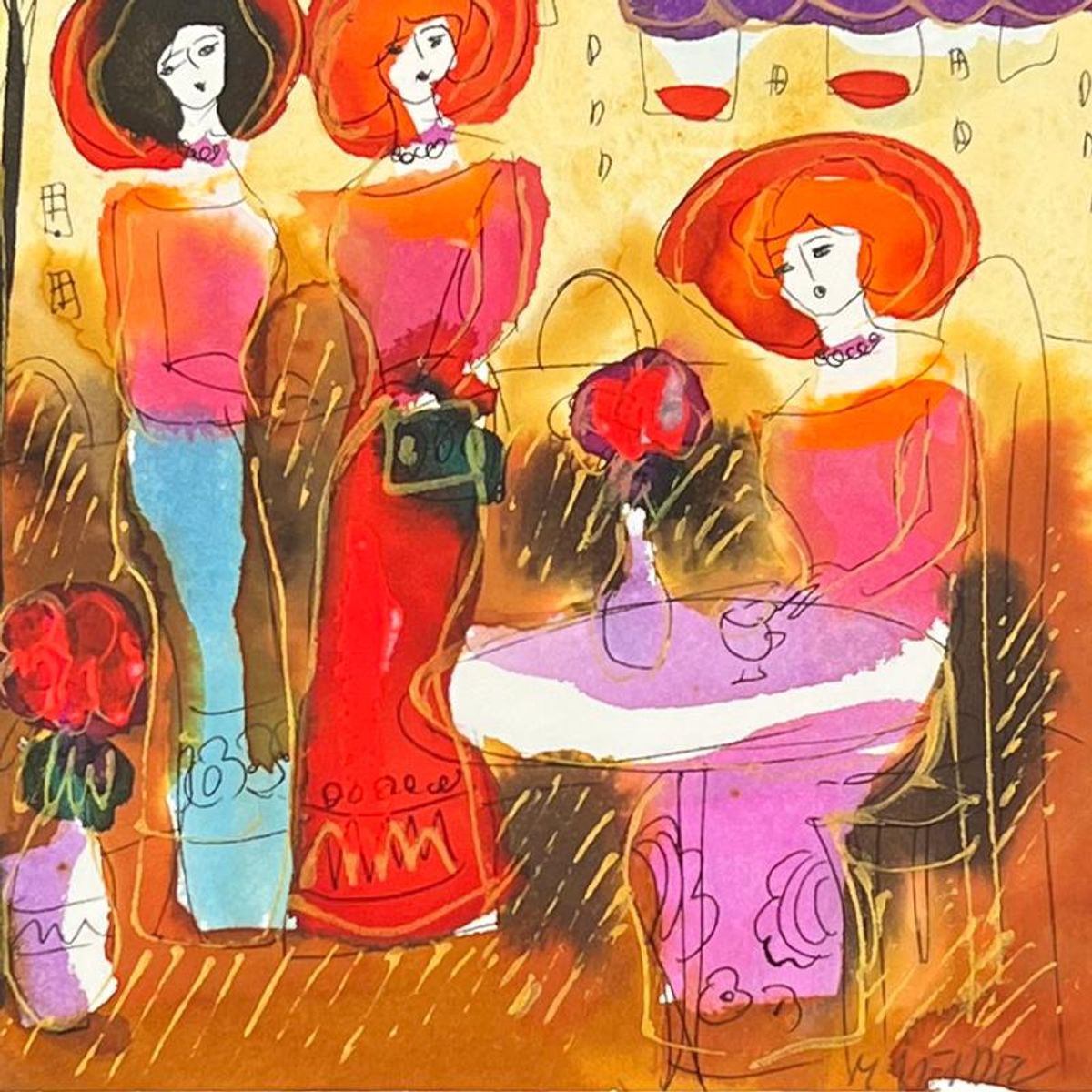 Moshe Leider, Framed Original Mixed Media Watercolor Painting, Hand Signed with Letter of Authenticity.