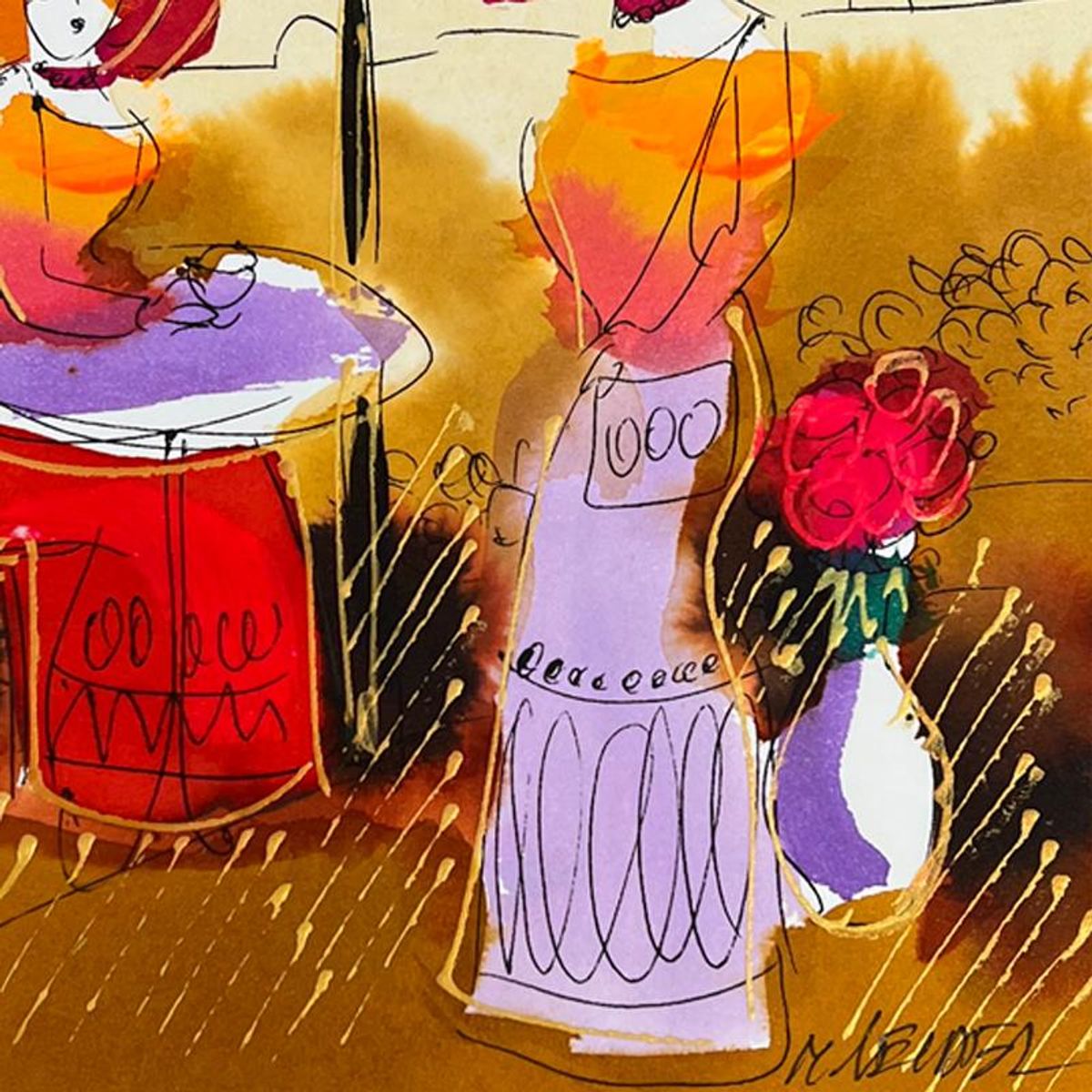 Moshe Leider, Framed Original Mixed Media Watercolor Painting, Hand Signed with Letter of Authenticity.