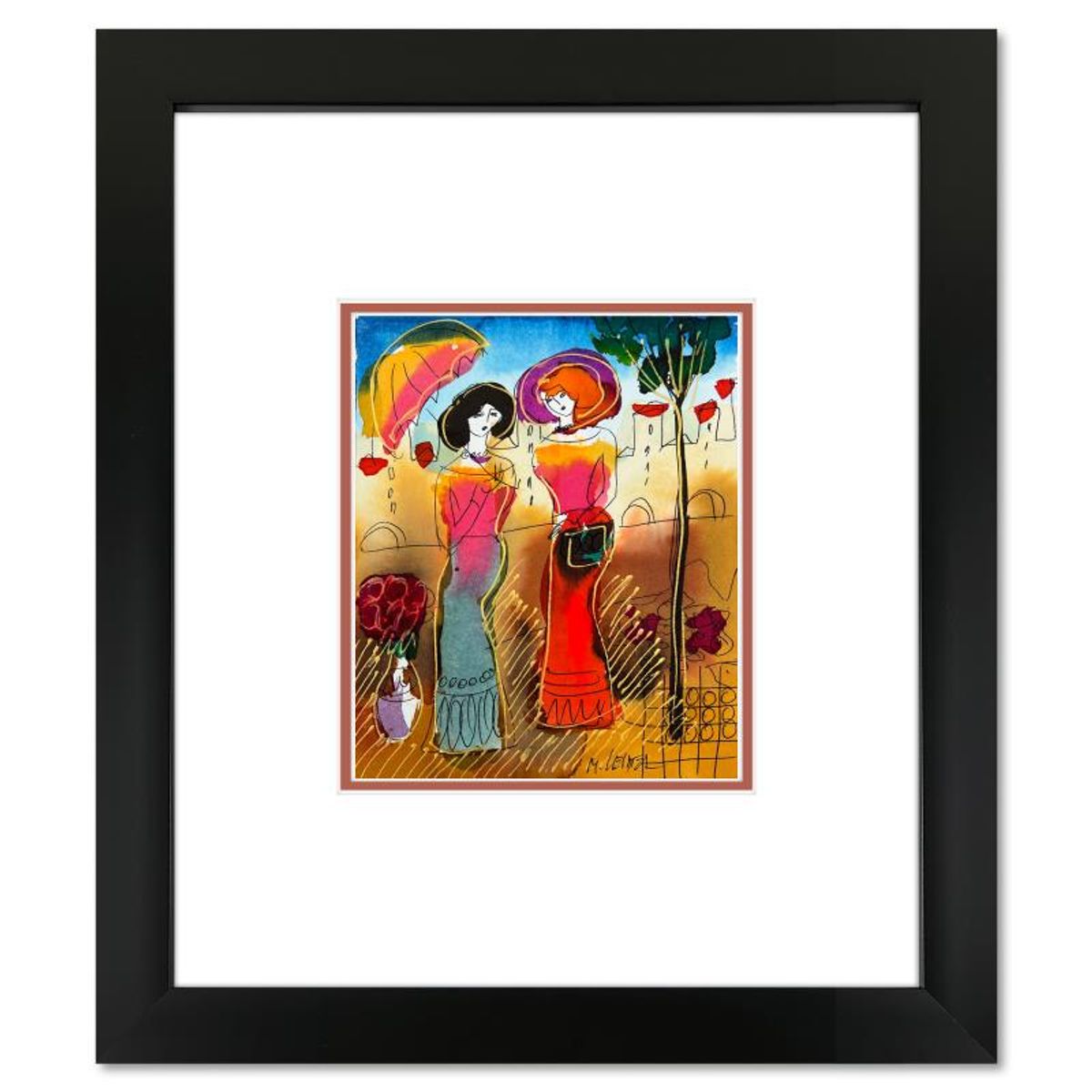 Moshe Leider, Framed Original Mixed Media Watercolor Painting, Hand Signed with Letter of Authenticity.