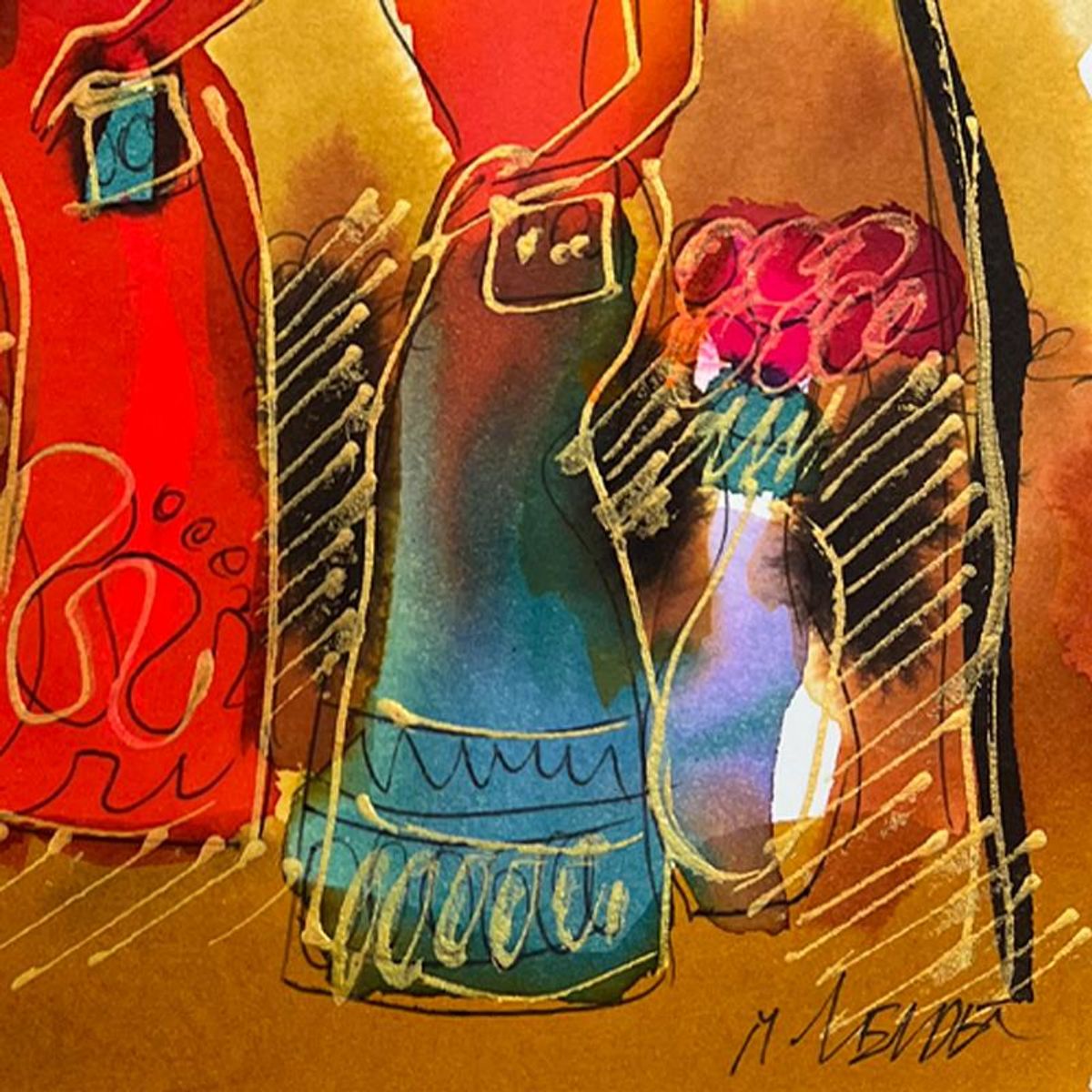 Moshe Leider, Framed Original Mixed Media Watercolor Painting, Hand Signed with Letter of Authenticity.