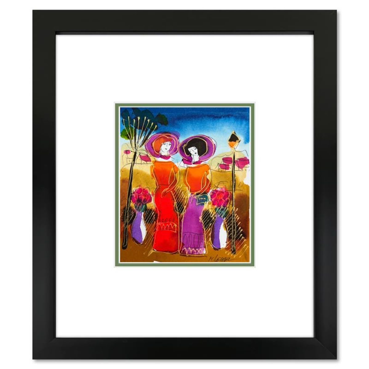 Moshe Leider, Framed Original Mixed Media Watercolor Painting, Hand Signed with Letter of Authenticity.