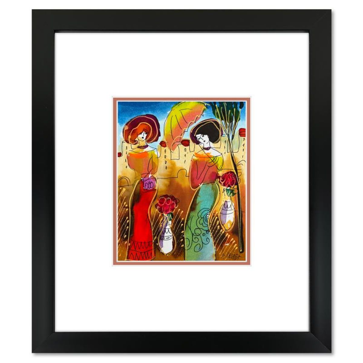 Moshe Leider, Framed Original Mixed Media Watercolor Painting, Hand Signed with Letter of Authenticity.