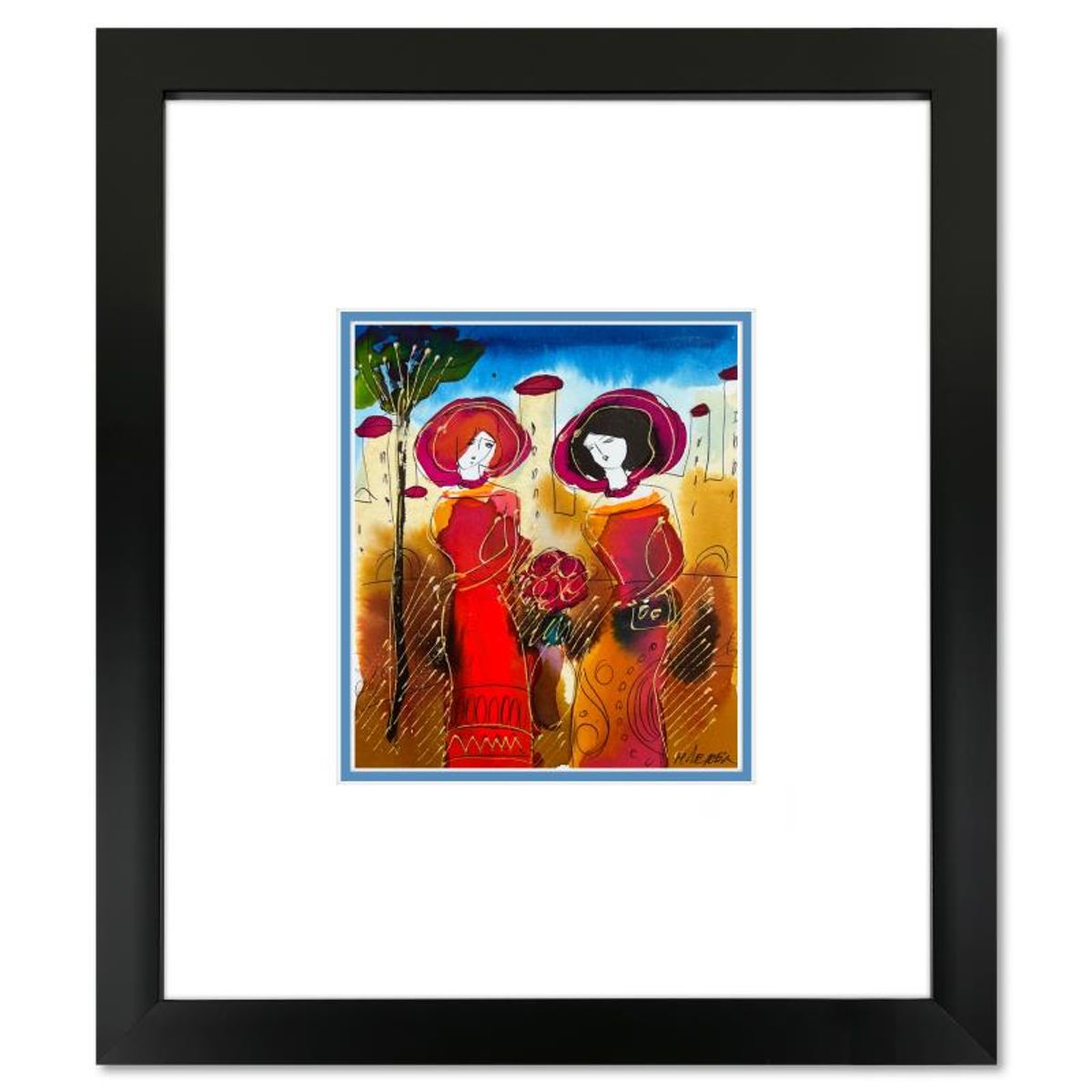 Moshe Leider, Framed Original Mixed Media Watercolor Painting, Hand Signed with Letter of Authenticity.