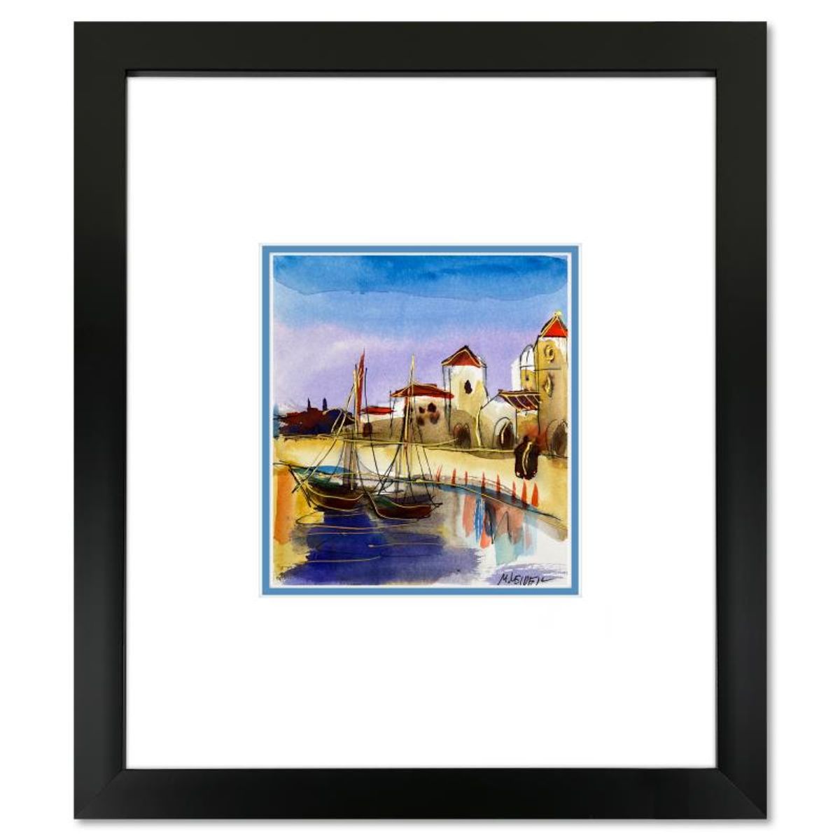 Moshe Leider, Framed Original Mixed Media Watercolor Painting, Hand Signed with Letter of Authenticity.