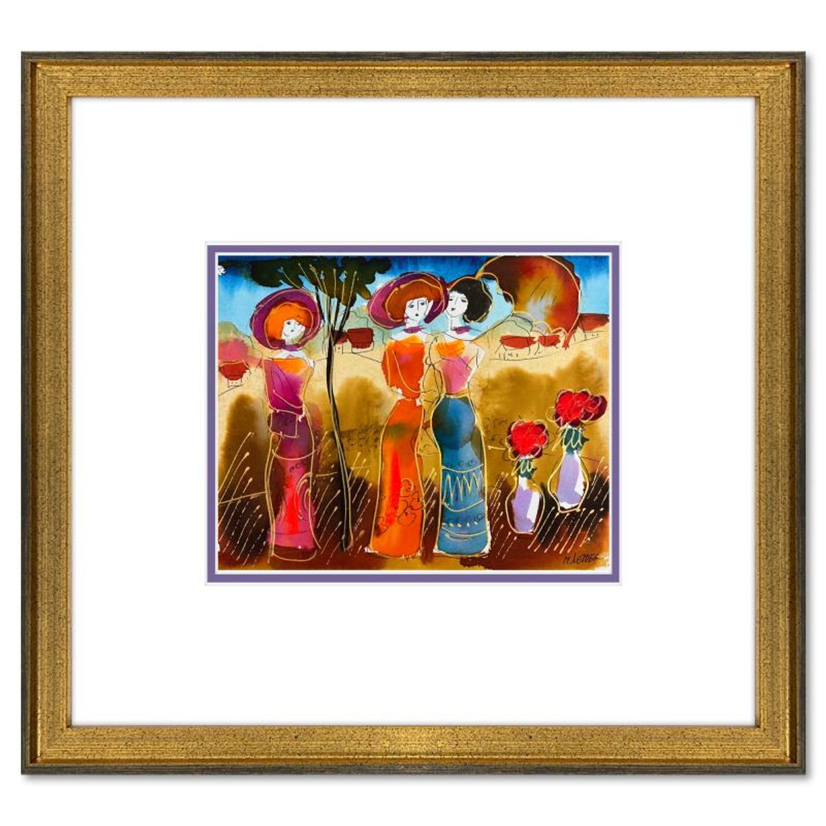 Moshe Leider, Framed Original Mixed Media Watercolor Painting, Hand Signed with Letter of Authenticity.