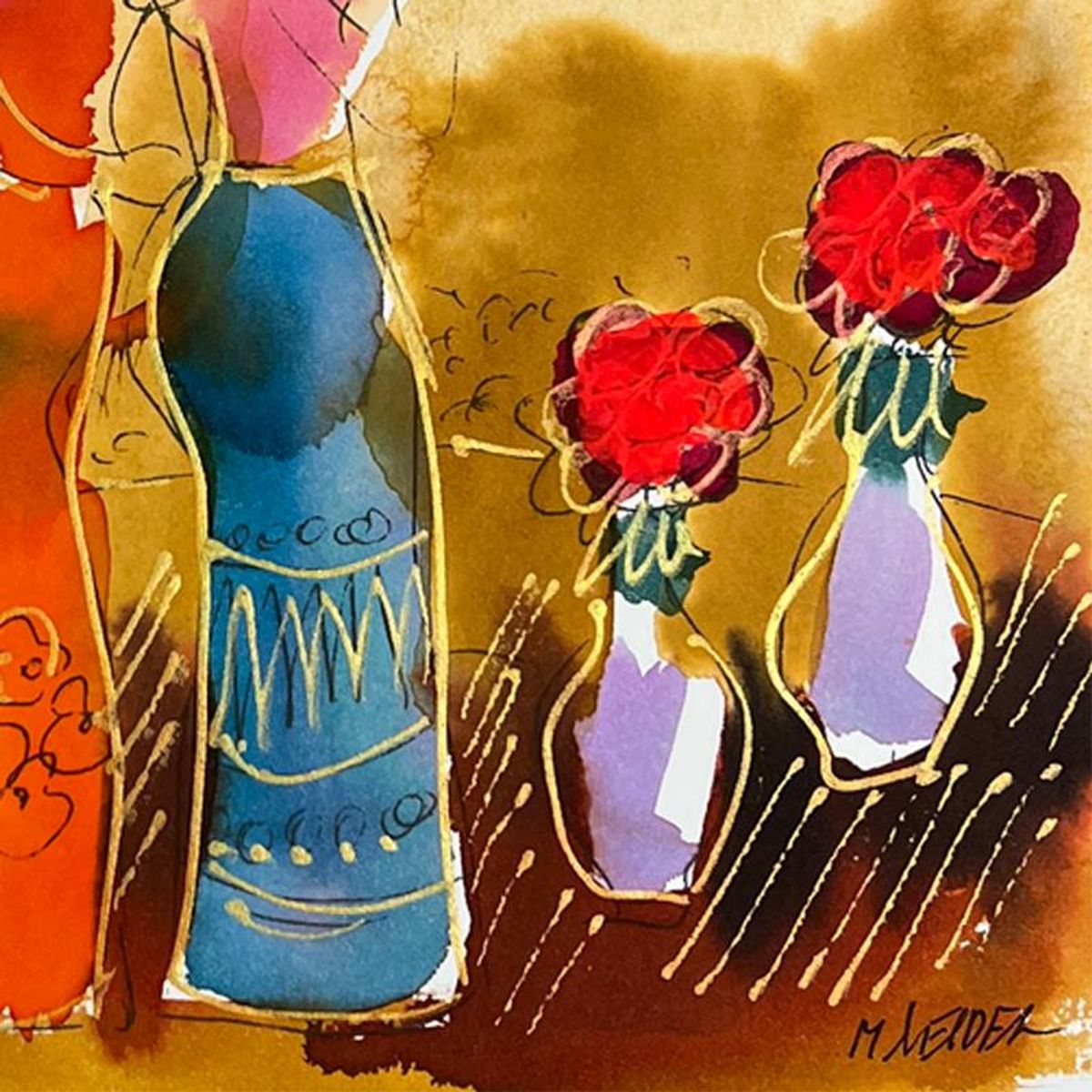 Moshe Leider, Framed Original Mixed Media Watercolor Painting, Hand Signed with Letter of Authenticity.