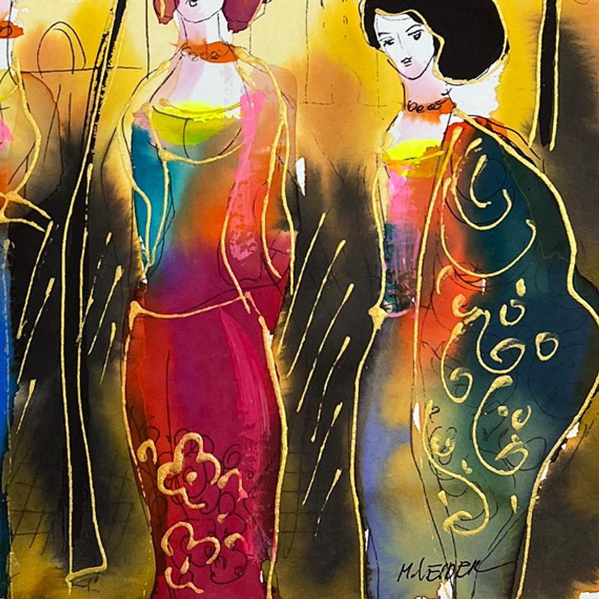 Moshe Leider, Framed Original Mixed Media Watercolor Painting, Hand Signed with Letter of Authenticity.