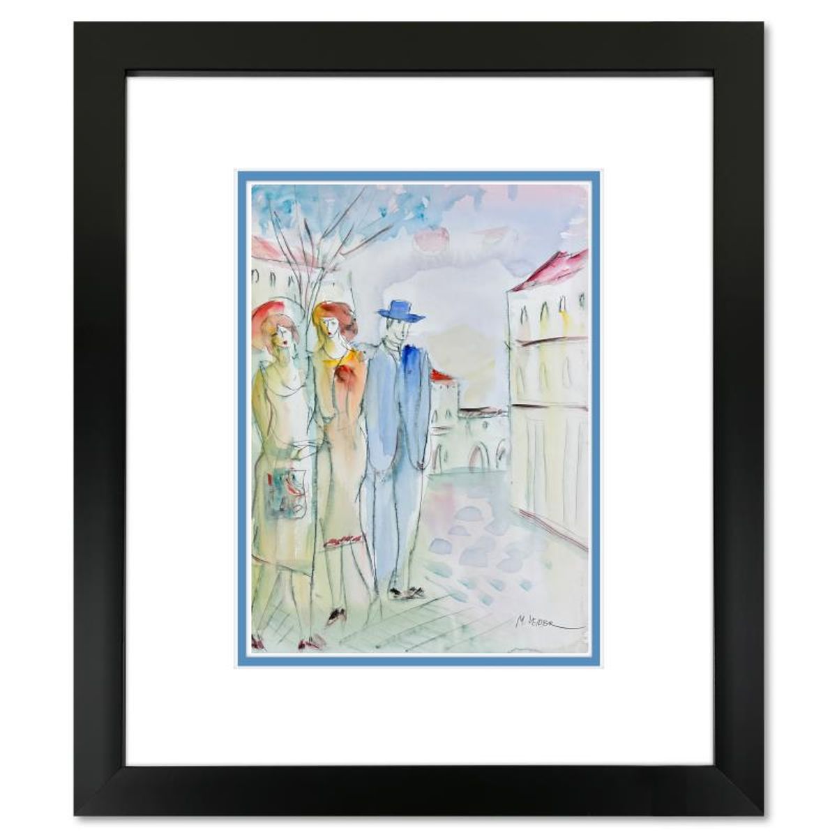 Moshe Leider, Framed Original Mixed Media Watercolor Painting, Hand Signed with Letter of Authenticity.