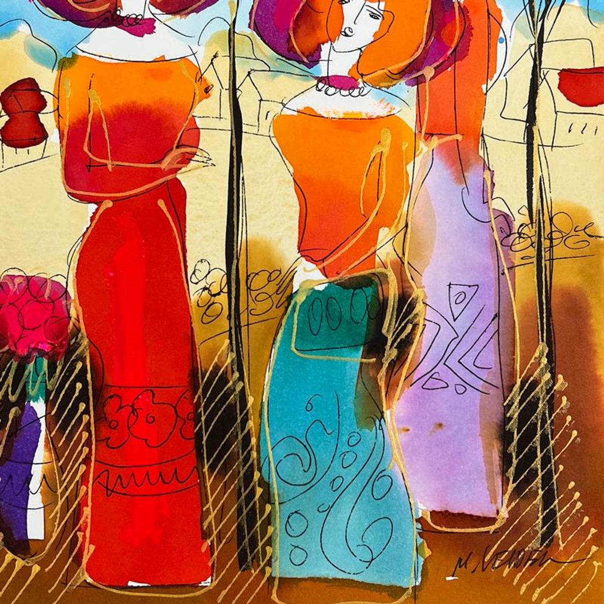 Moshe Leider, Framed Original Mixed Media Watercolor Painting, Hand Signed with Letter of Authenticity.