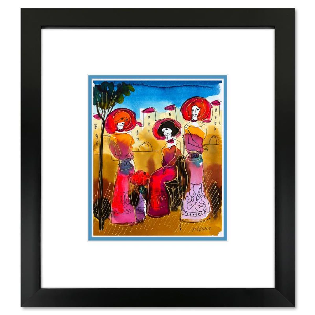 Moshe Leider, Framed Original Mixed Media Watercolor Painting, Hand Signed with Letter of Authenticity.