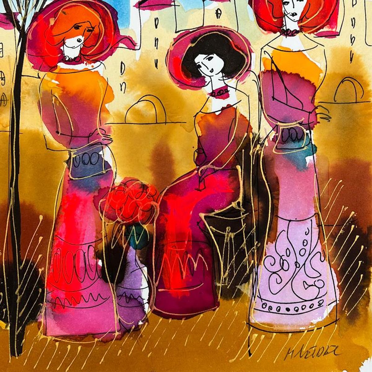 Moshe Leider, Framed Original Mixed Media Watercolor Painting, Hand Signed with Letter of Authenticity.