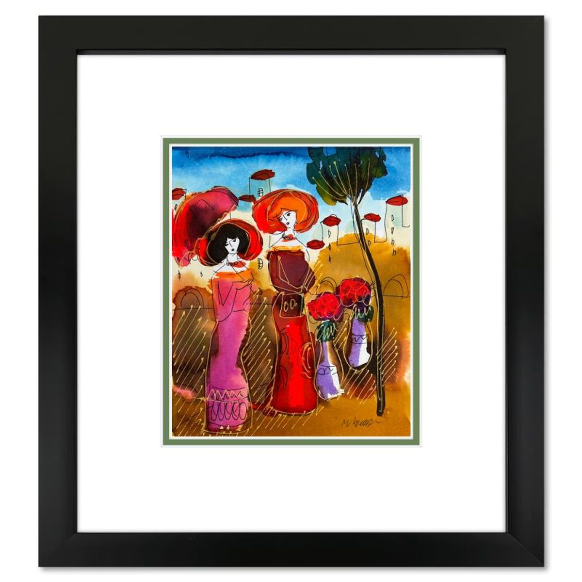 Moshe Leider, Framed Original Mixed Media Watercolor Painting, Hand Signed with Letter of Authenticity.