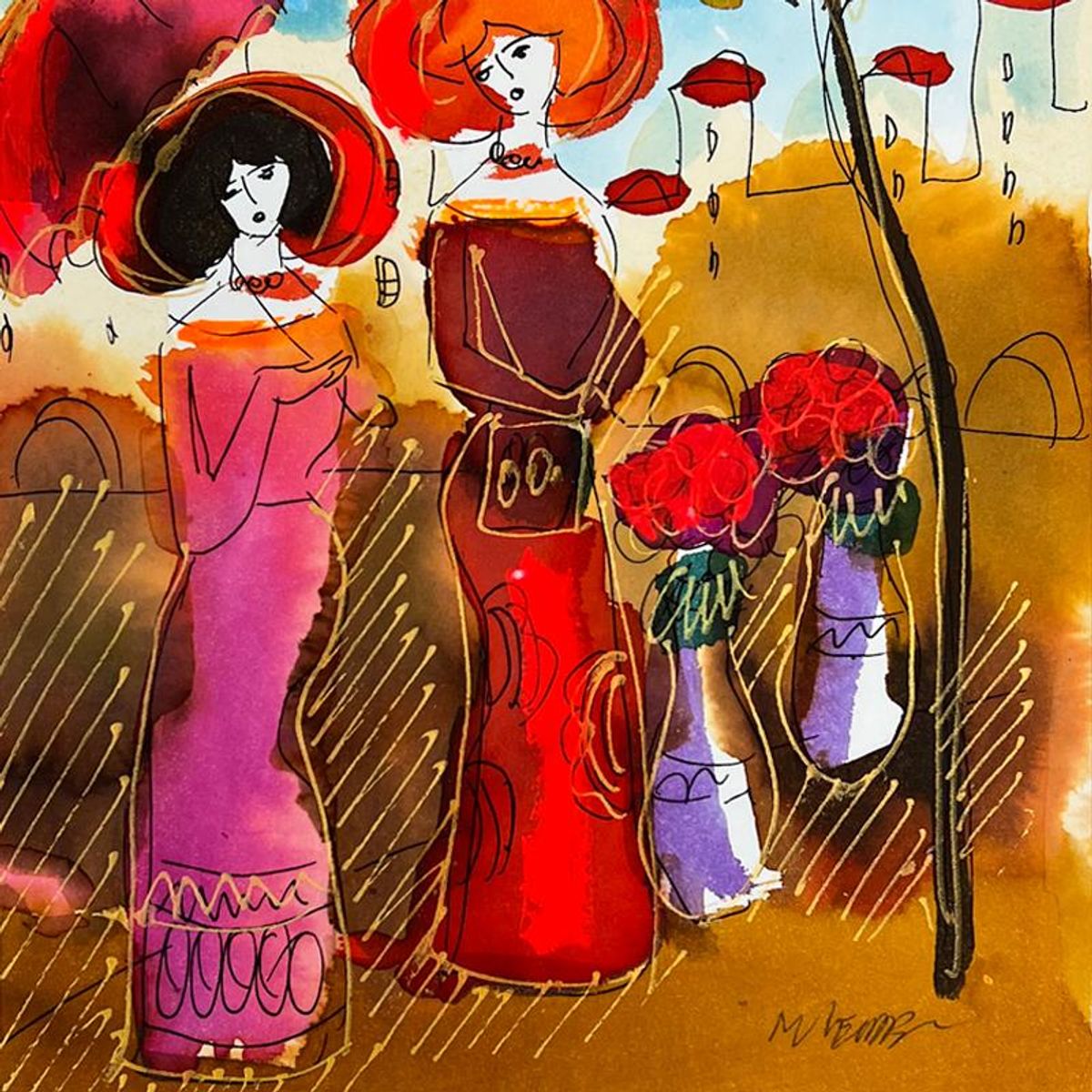 Moshe Leider, Framed Original Mixed Media Watercolor Painting, Hand Signed with Letter of Authenticity.