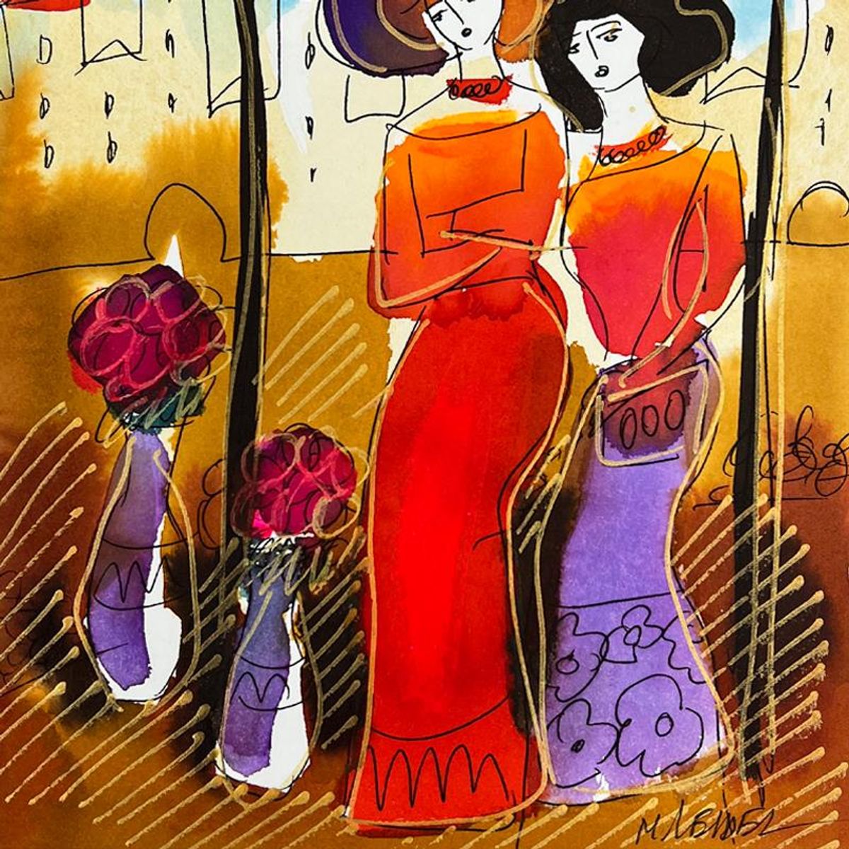 Moshe Leider, Framed Original Mixed Media Watercolor Painting, Hand Signed with Letter of Authenticity.