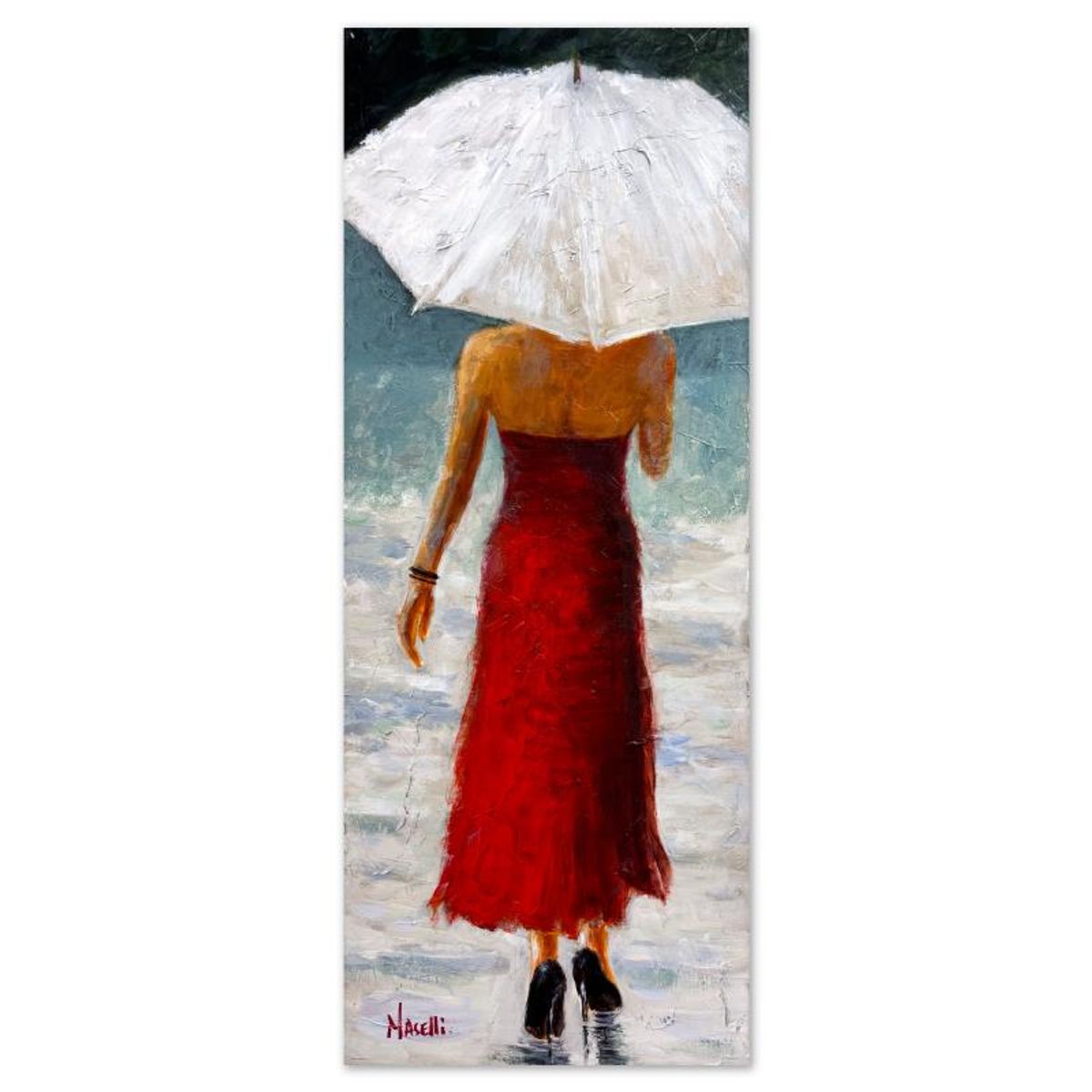 Michael Maselli, "Red Dress and Black Fields" Original Painting on Canvas, Hand Signed with Letter of Authenticity.