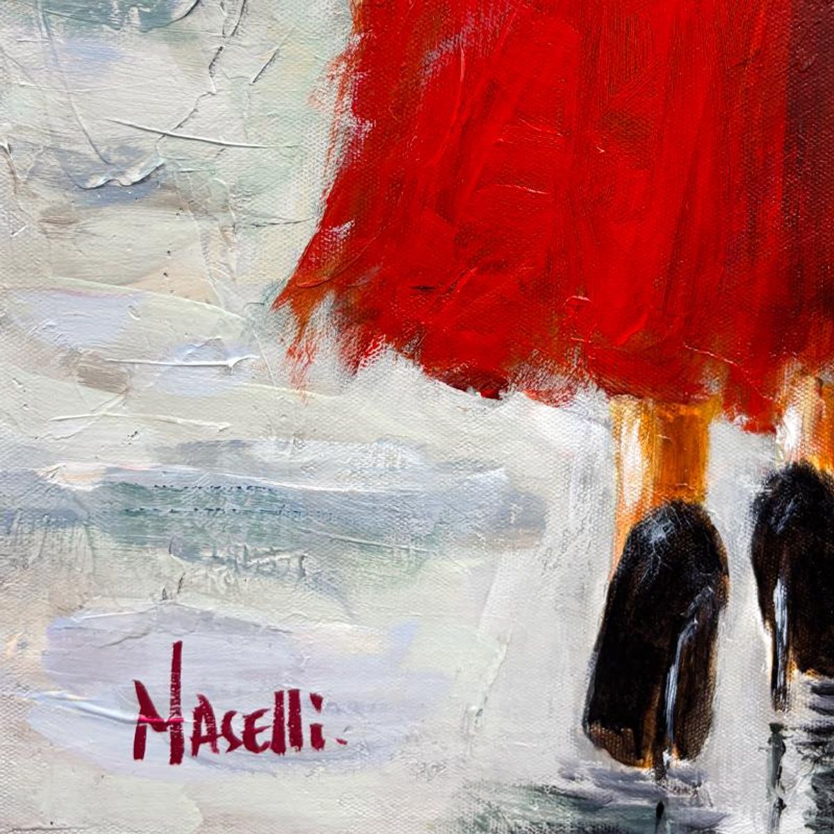Michael Maselli, "Red Dress and Black Fields" Original Painting on Canvas, Hand Signed with Letter of Authenticity.