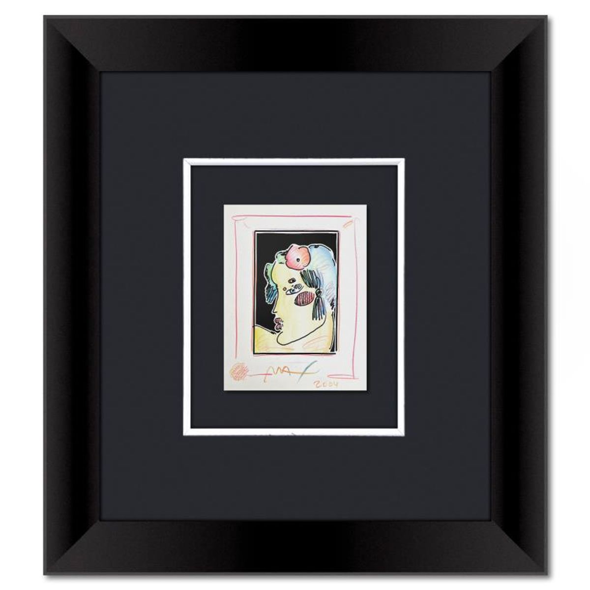 Peter Max, "Lady with Profile and Flowers II" Framed One-of-a-Kind Mixed Media, Hand Signed with Registration Number Certifying Authenticity.