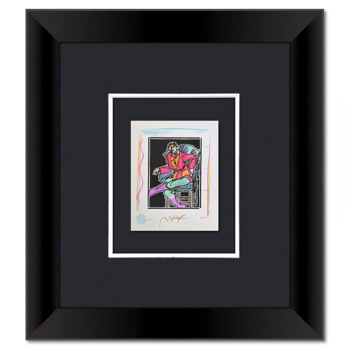 Peter Max, "Seated Figure" Framed One-of-a-Kind Mixed Media, Hand Signed with Registration Number Certifying Authenticity.