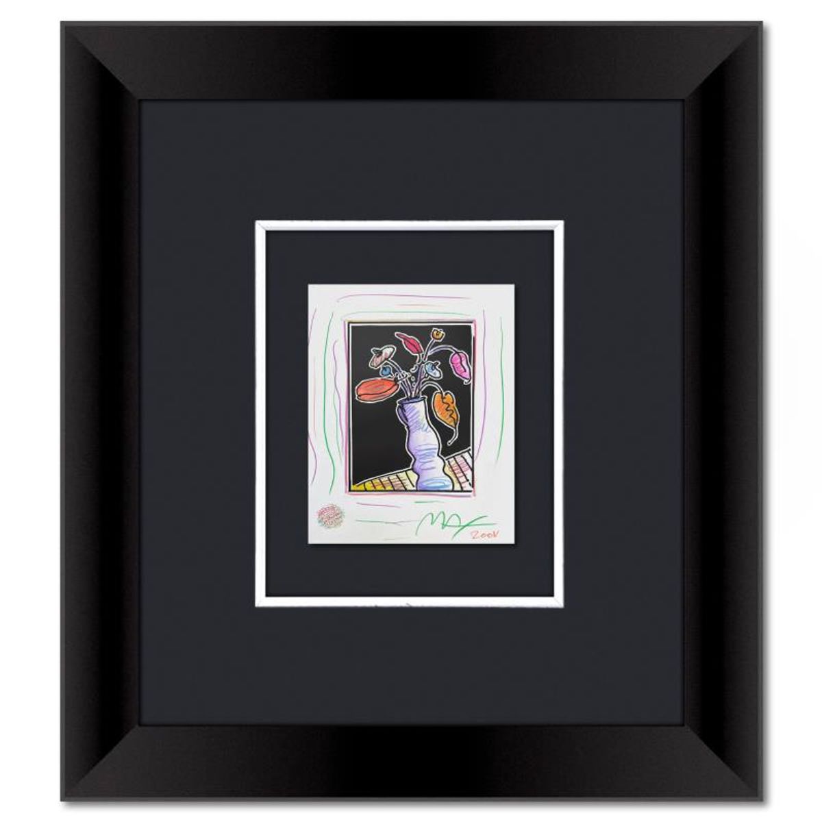 Peter Max, "Vase of Flowers I" Framed One-of-a-Kind Mixed Media, Hand Signed with Registration Number Certifying Authenticity.