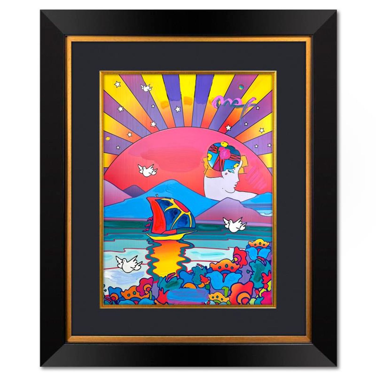 Peter Max, "A New Beginning" Framed One-of-a-Kind Mixed Media, Hand Signed with Registration Number Certifying Authenticity.
