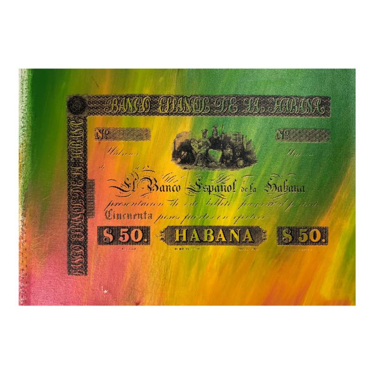 Steve Kaufman (1960-2010), "Banco Espanol de la Habana" Hand Signed and Numbered Limited Edition Hand Pulled silkscreen mixed media on Canvas with LOA.