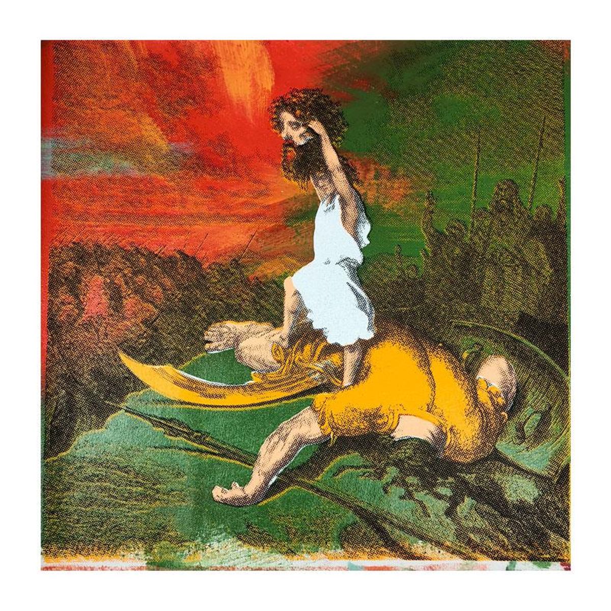 Steve Kaufman (1960-2010), "David and Goliath" Hand Signed and Numbered Limited Edition Hand Pulled silkscreen mixed media on Canvas with LOA.