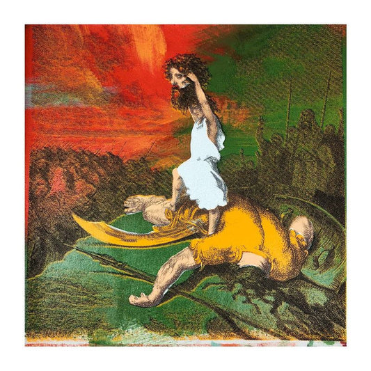 Steve Kaufman (1960-2010), "David and Goliath" Hand Signed and Numbered Limited Edition Hand Pulled silkscreen mixed media on Canvas with LOA.