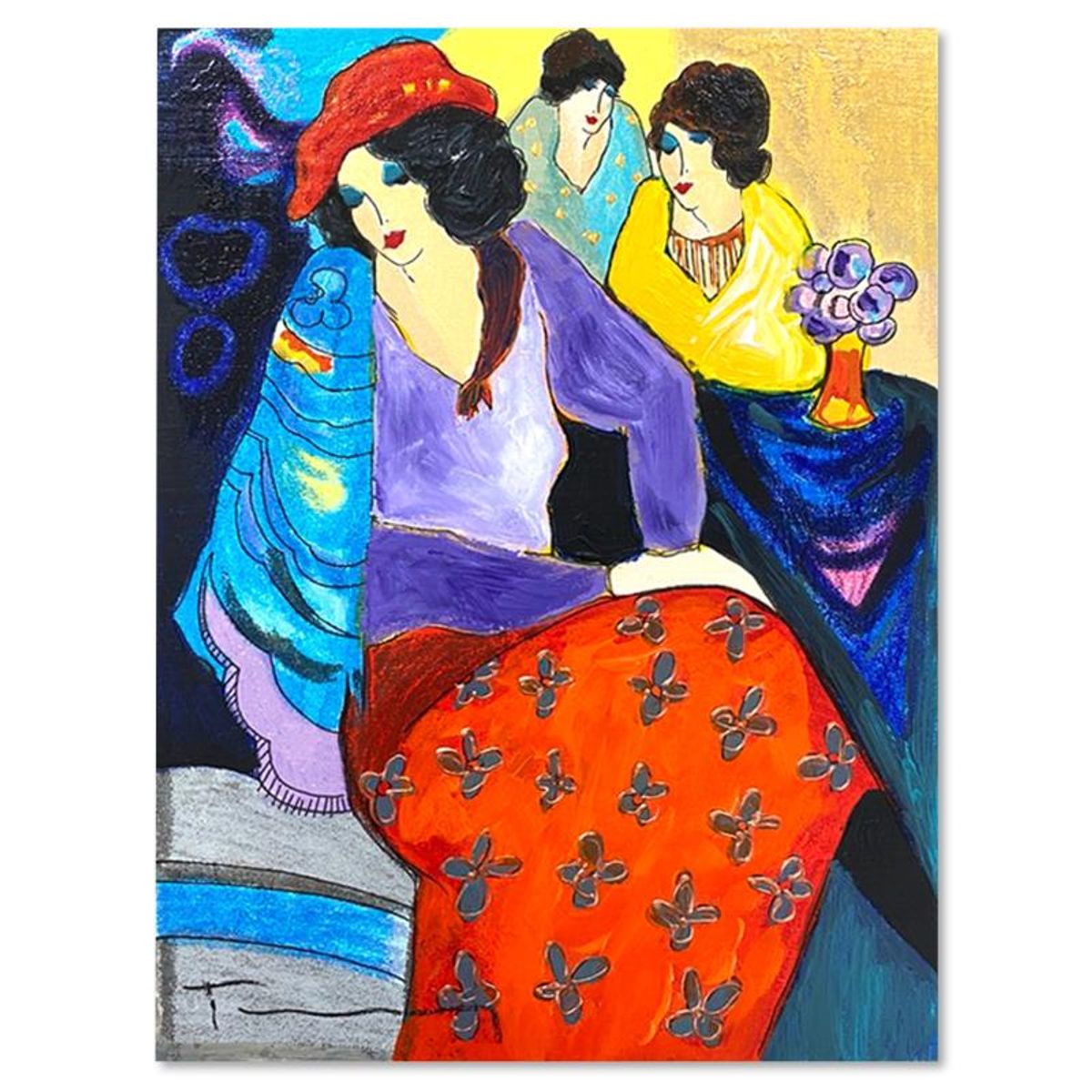 Itzchak Tarkay (1935-2012), "Blue Mood" One-of-a-Kind Mixed Media Over Paint on Wood, Hand Signed with Letter of Authenticity