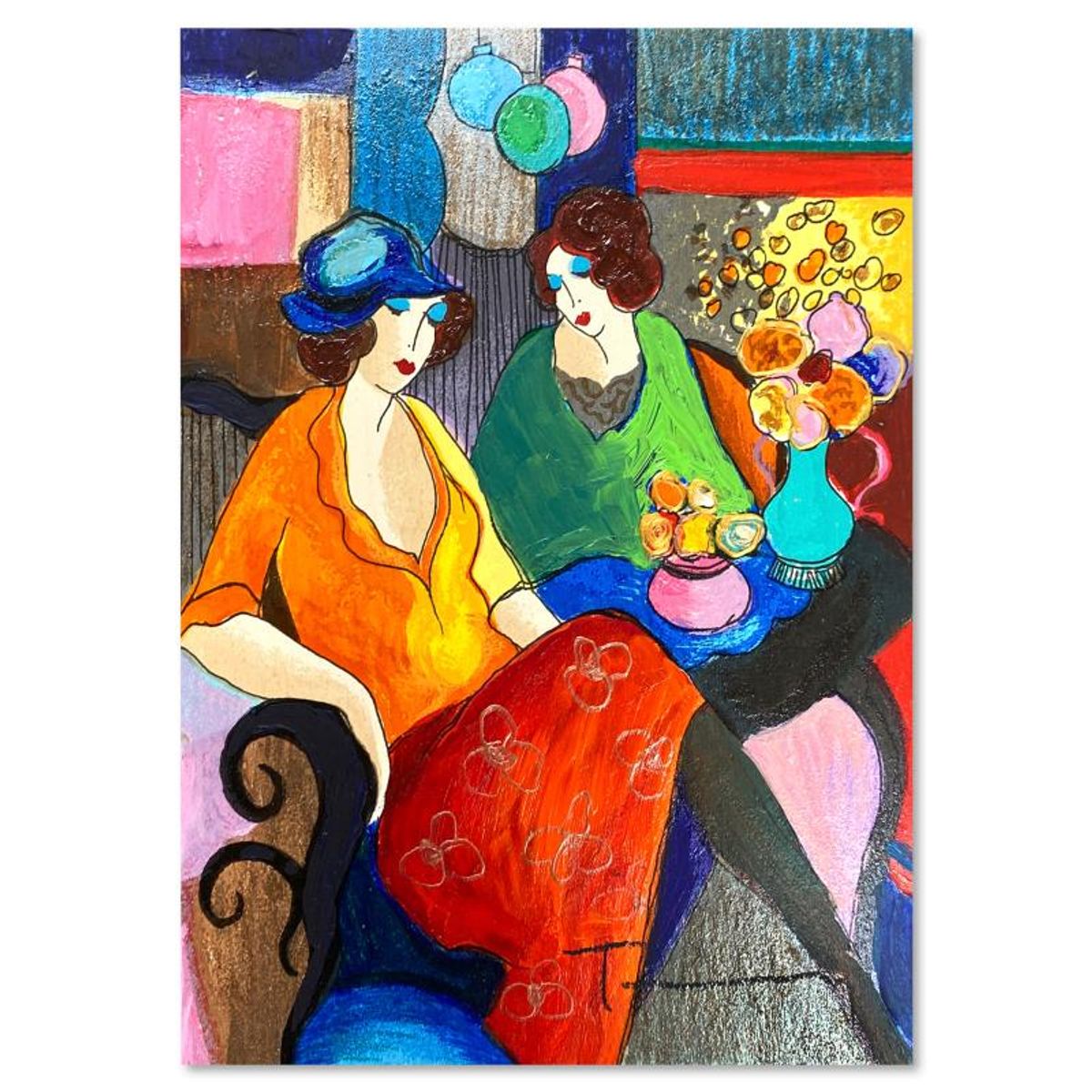 Itzchak Tarkay (1935-2012), "Chit Chat" One-of-a-Kind Mixed Media Over Paint on Wood, Hand Signed with Letter of Authenticity