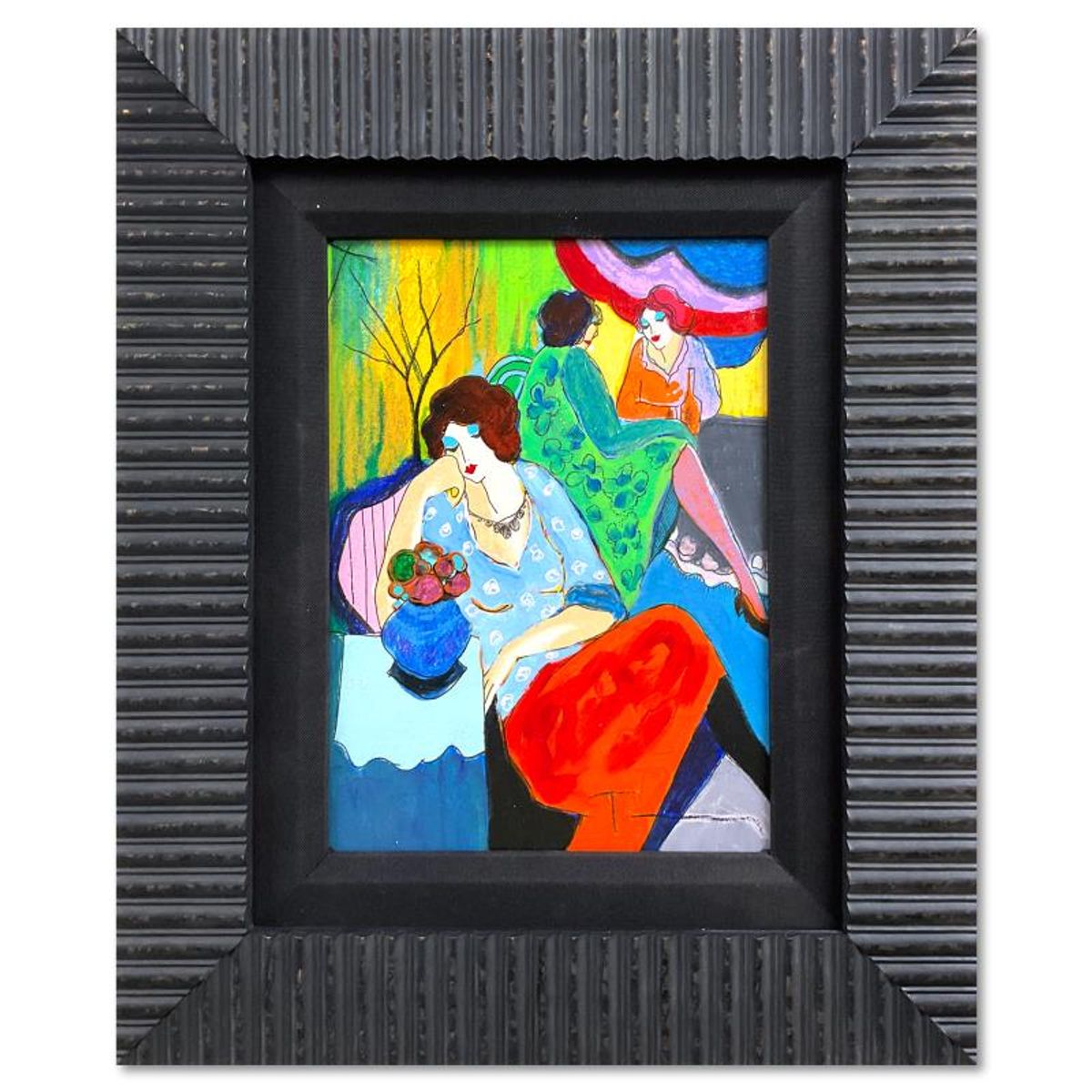 Itzchak Tarkay (1935-2012), "Quiet Afternoon" Framed One-of-a-Kind Mixed Media Over Paint on Wood, Hand Signed with Letter of Authenticity