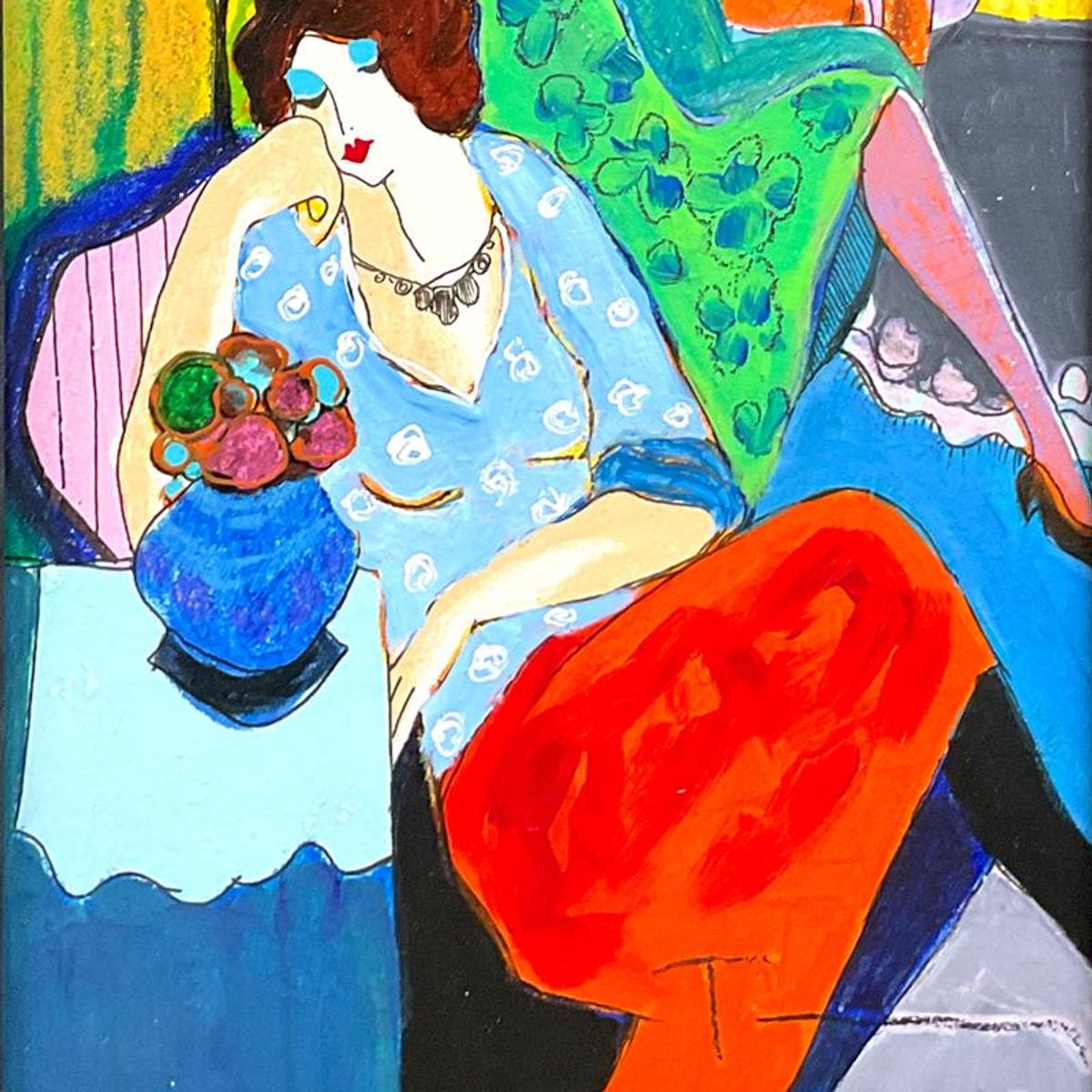 Itzchak Tarkay (1935-2012), "Quiet Afternoon" Framed One-of-a-Kind Mixed Media Over Paint on Wood, Hand Signed with Letter of Authenticity