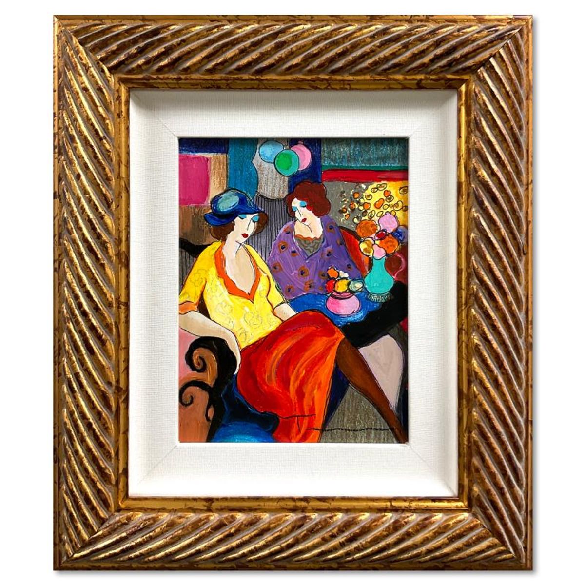 Itzchak Tarkay (1935-2012), "Chit Chat" Framed One-of-a-Kind Mixed Media Over Paint on Wood, Hand Signed with Letter of Authenticity