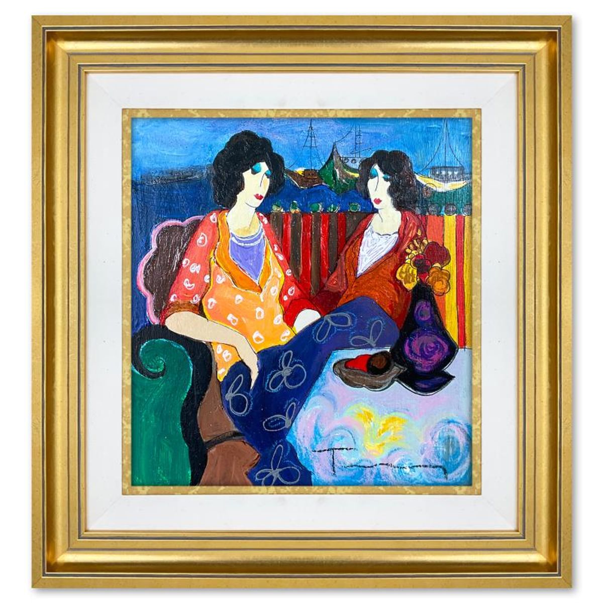 Itzchak Tarkay (1935-2012), "At the Port" Framed One-of-a-Kind Mixed Media Over Paint on Wood, Hand Signed with Letter of Authenticity