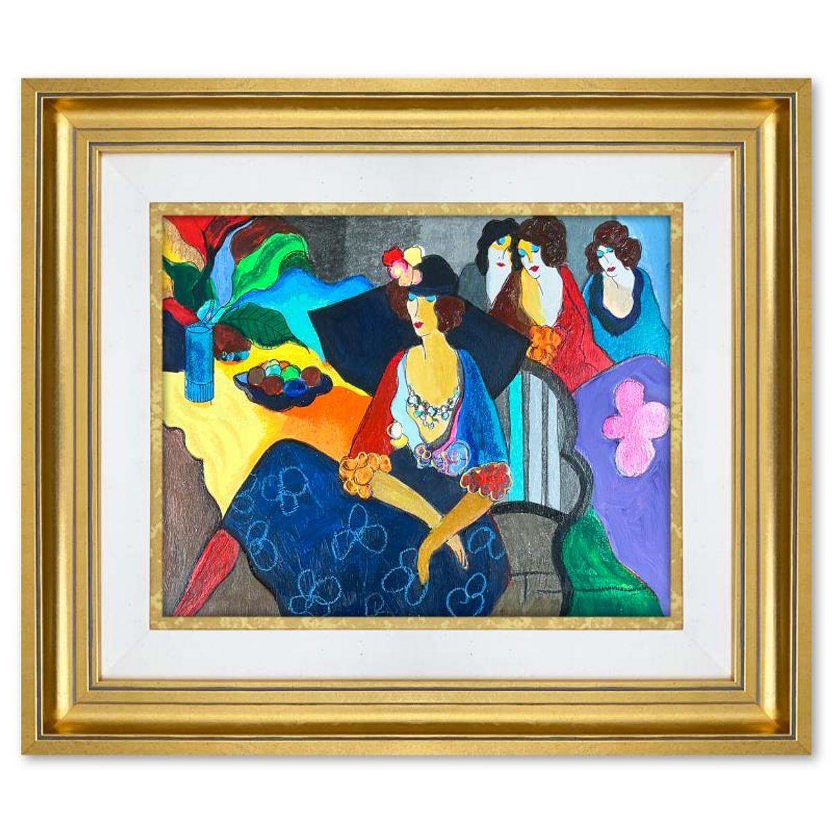 Itzchak Tarkay (1935-2012), "Gossip" Framed One-of-a-Kind Mixed Media Over Paint on Wood, Hand Signed with Letter of Authenticity