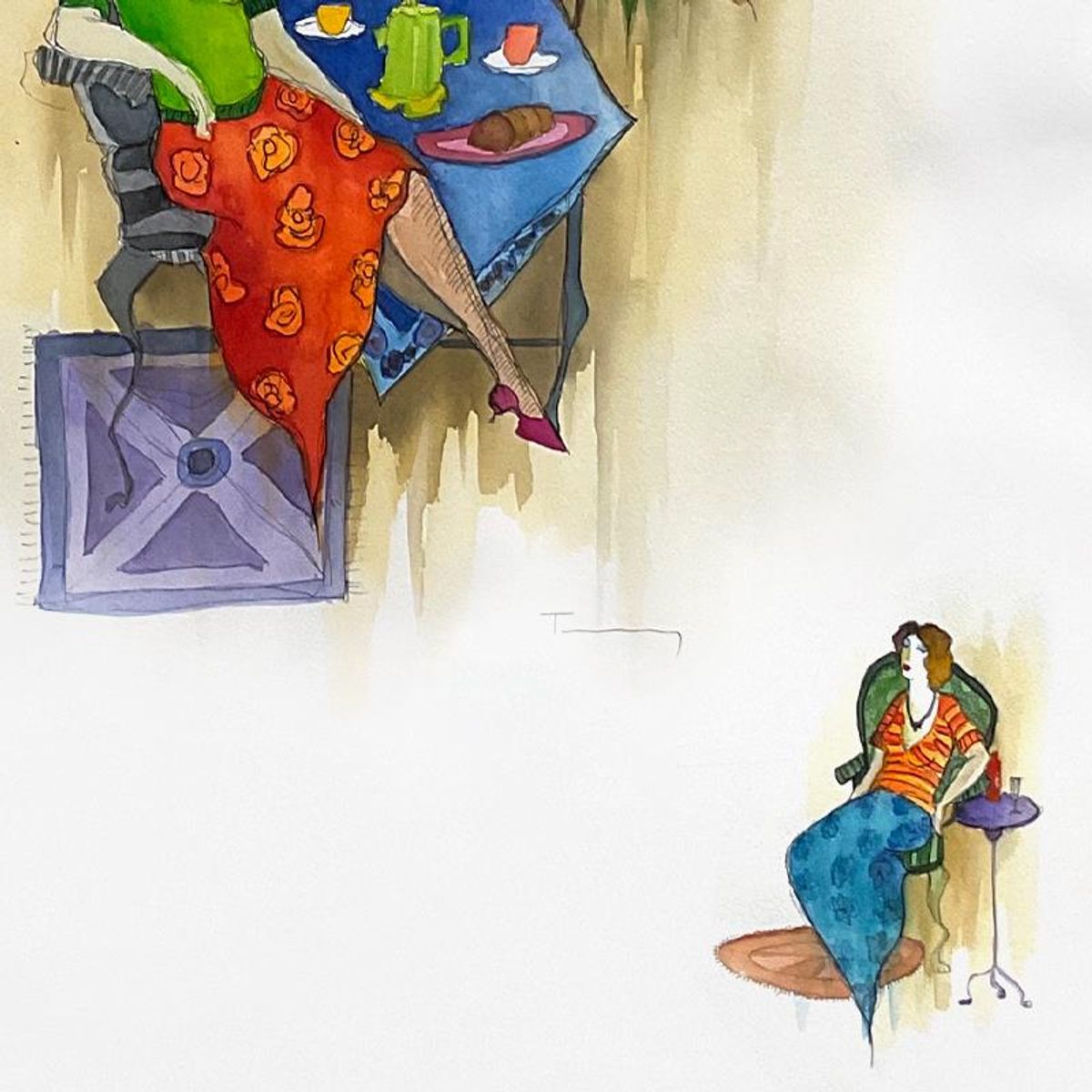 Itzchak Tarkay (1935-2012), Framed Original Mixed Media Watercolor, Hand Signed with Letter of Authenticity.
