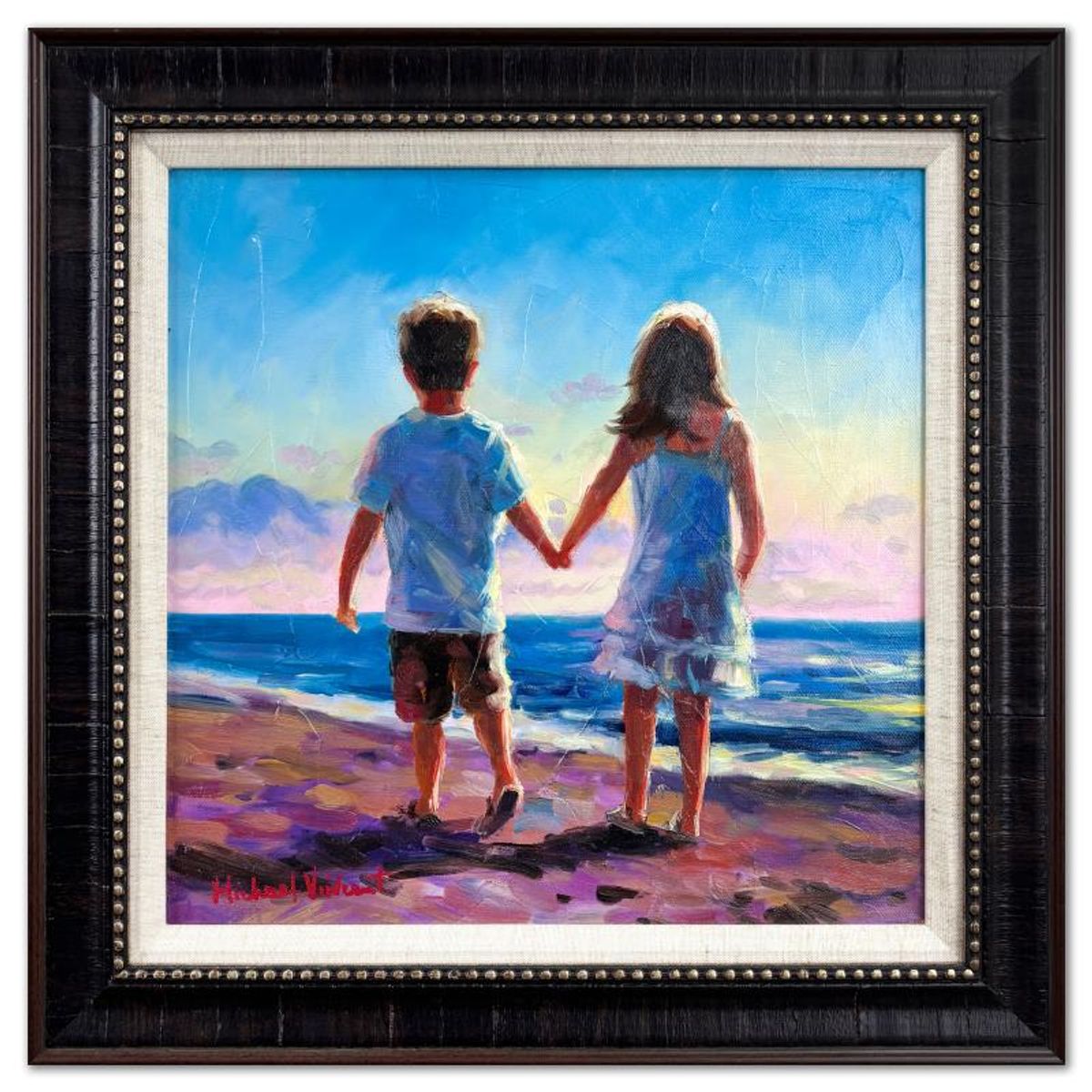 Michael Vincent, "Love Birds" Framed Original Painting on Canvas, Hand Signed with Letter of Authenticity.
