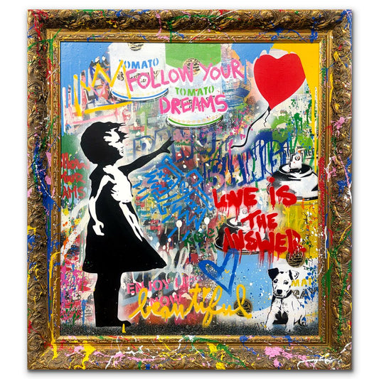 Mr. Brainwash- Silkscreen and Mixed Media on Canvas with Splashed Frame "Balloon Girl, 2026"