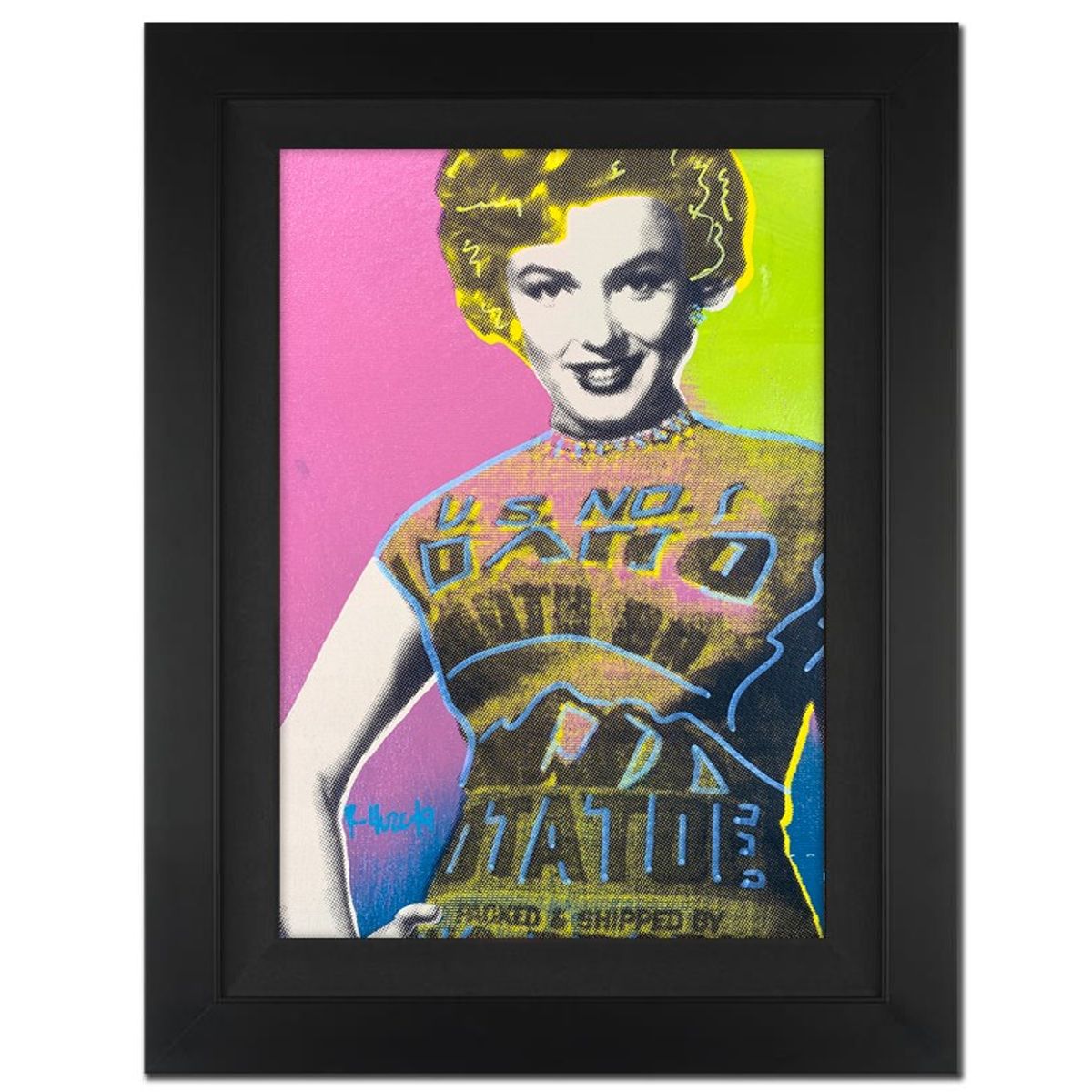 Ringo Daniel Funes, "Marilyn in a Potato Sack" Framed One-of-a-Kind Mixed Media on Canvas, Hand Signed by the artist and Steve Kaufman (1960-2010) with Letter of Authenticity.