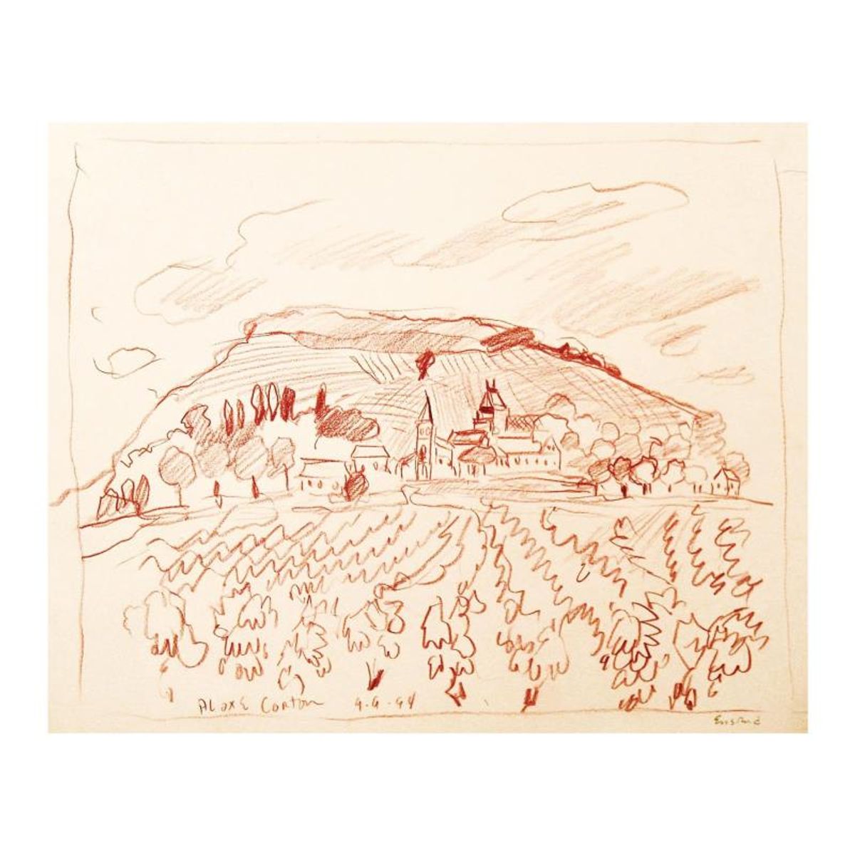 Wayne Ensrud, "Aloxe-Carton, Burgundy" Pencil Original Artwork; Hand Signed; COA
