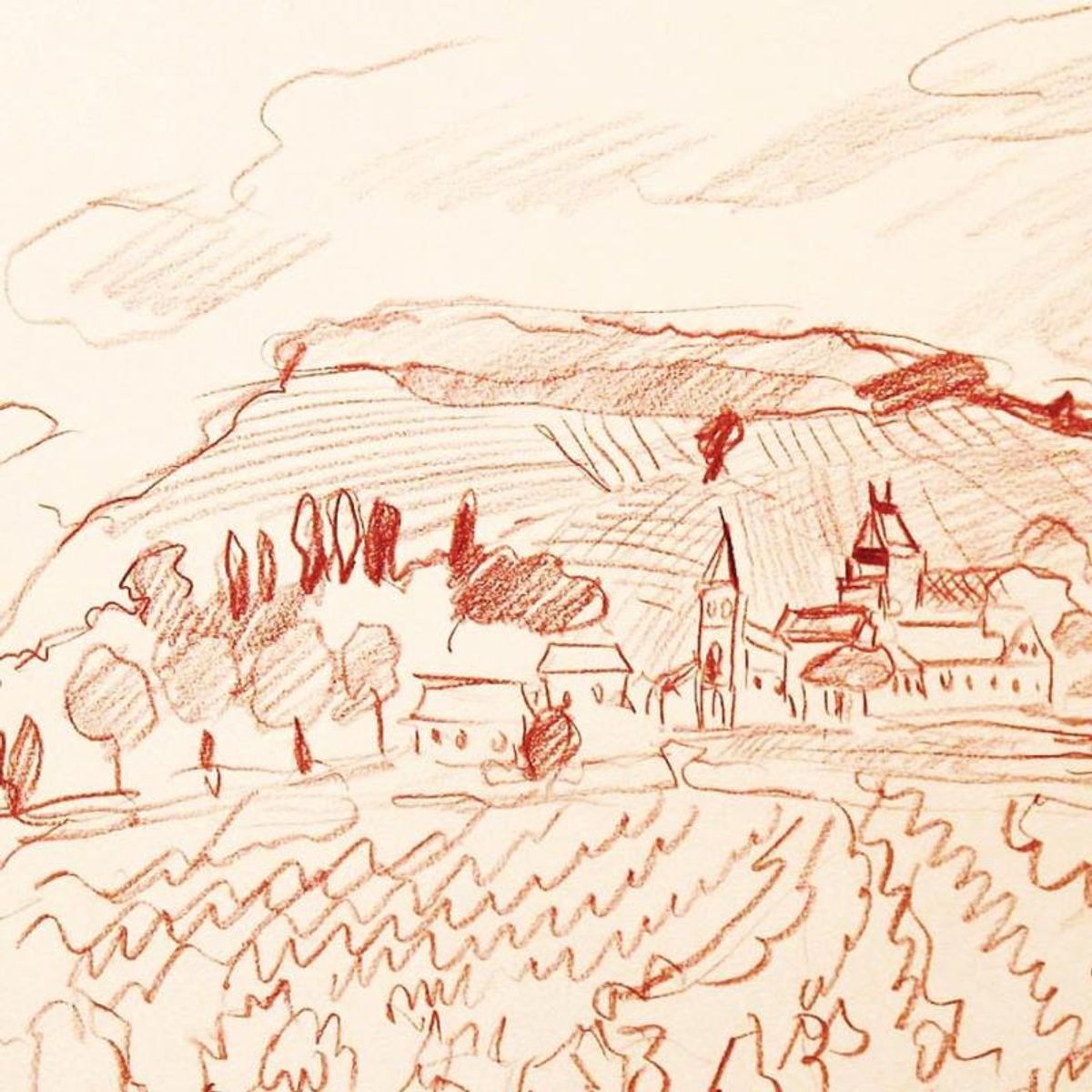 Wayne Ensrud, "Aloxe-Carton, Burgundy" Pencil Original Artwork; Hand Signed; COA